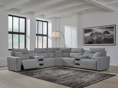 Tampa Furniture Outlet Lutz - Ashley Furniture - ModMax II Sectionals - 7-Piece Power Reclining Sectional with Audio Consoles / Salt and Pepper - 65906S9