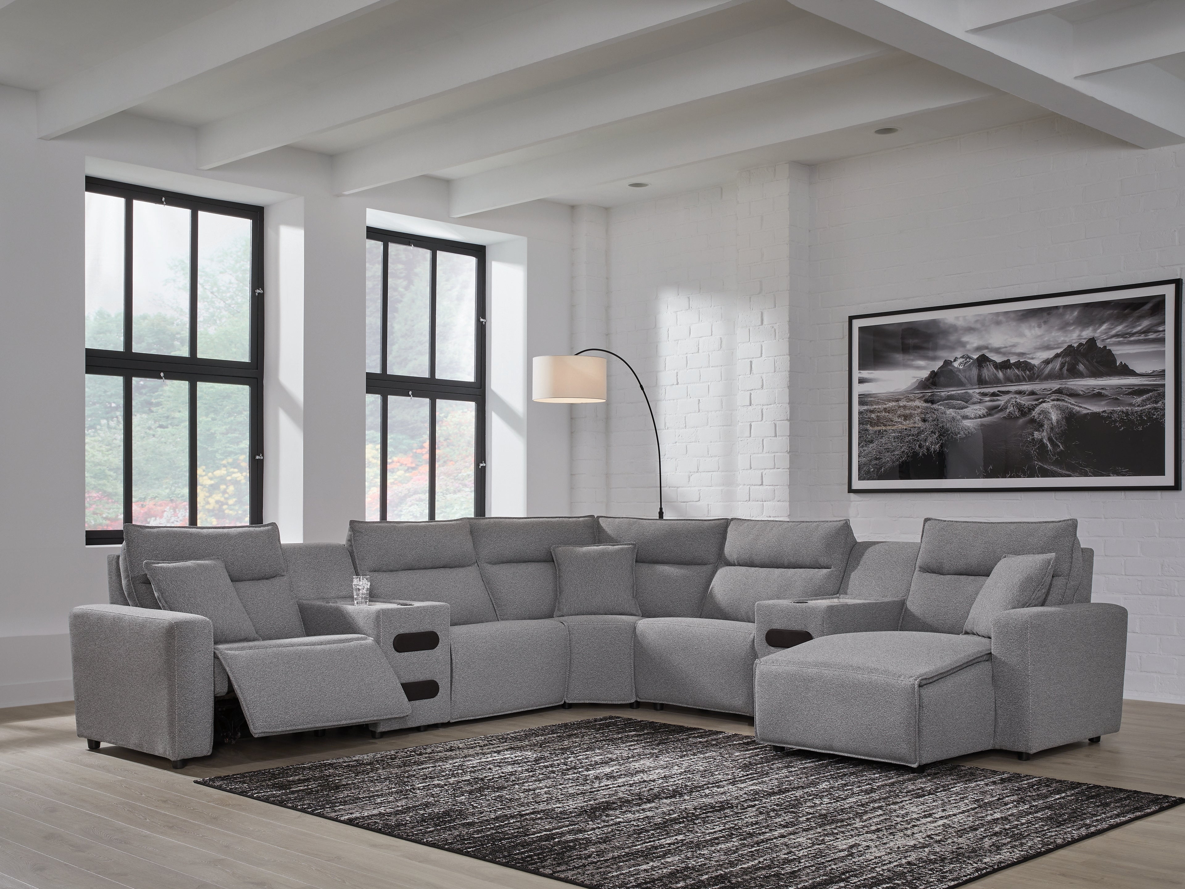 Tampa Furniture Outlet Lutz - Ashley Furniture - ModMax II Sectional - 7-Piece Power Reclining Sectional with Chaise and Audio Consoles / Salt and Pepper - 65906S7