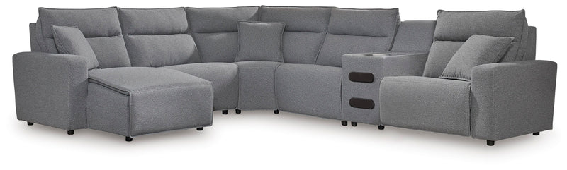 Tampa Furniture Outlet Lutz - Ashley Furniture - ModMax II Sectionals - 6-Piece Reclining Sectional with Chaise and Audio Console / Salt and Pepper - 65906S29