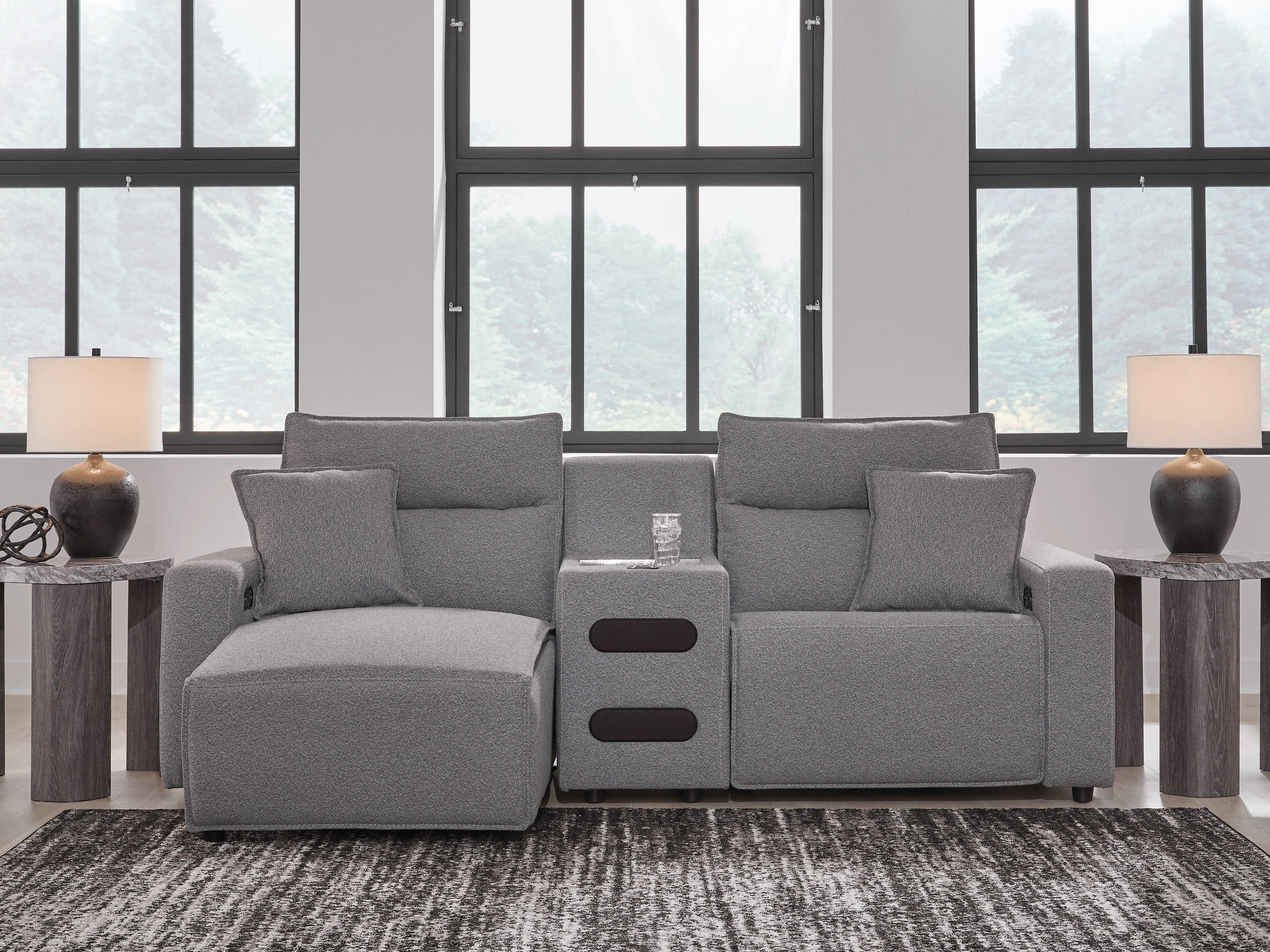 Tampa Furniture Outlet Lutz - Ashley Furniture - ModMax II Sectional - 3-Piece Power Reclining Sectional with Chaise and Audio Console / Salt and Pepper - 65906S18