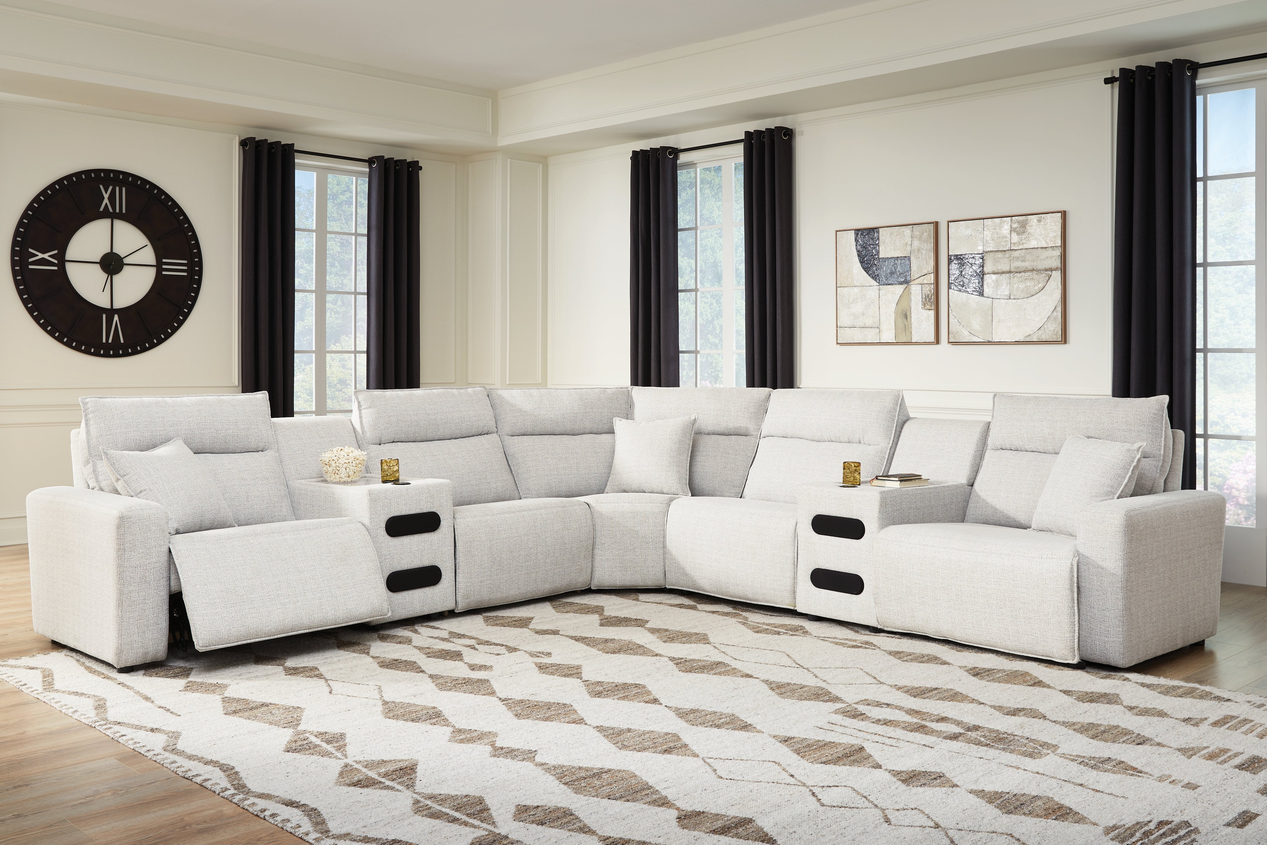 Tampa Furniture Outlet Lutz - Ashley Furniture - ModMax II Sectional - 7-Piece Power Reclining Sectional with Chaise and Audio Consoles / Stone - 65907S9