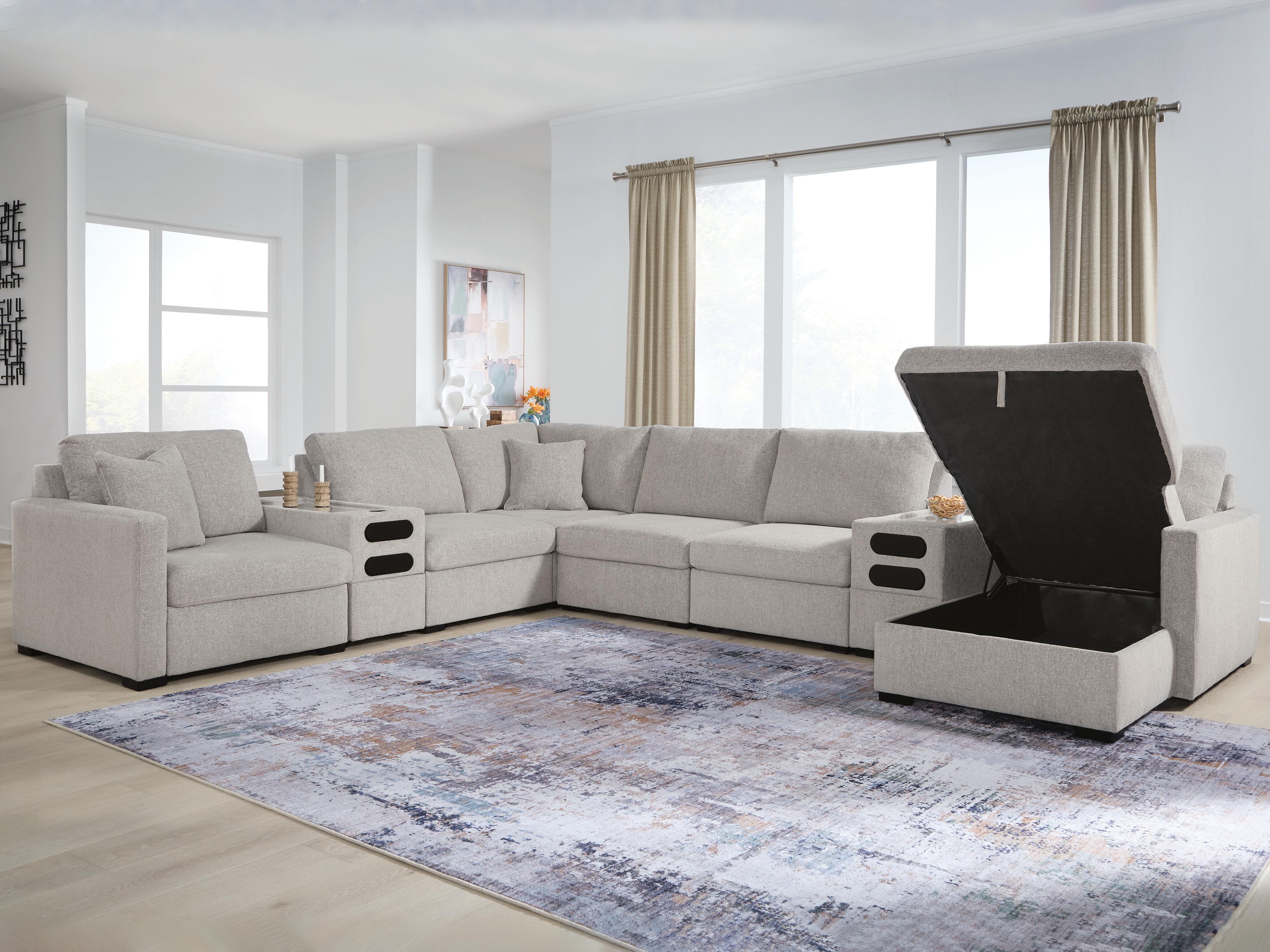 Tampa Furniture Outlet Lutz - Ashley Furniture - ModMax Luxe Sectional - RAF 8-Piece Sectional with Storage Chaise and Audio Consoles / Flint - 68605S80