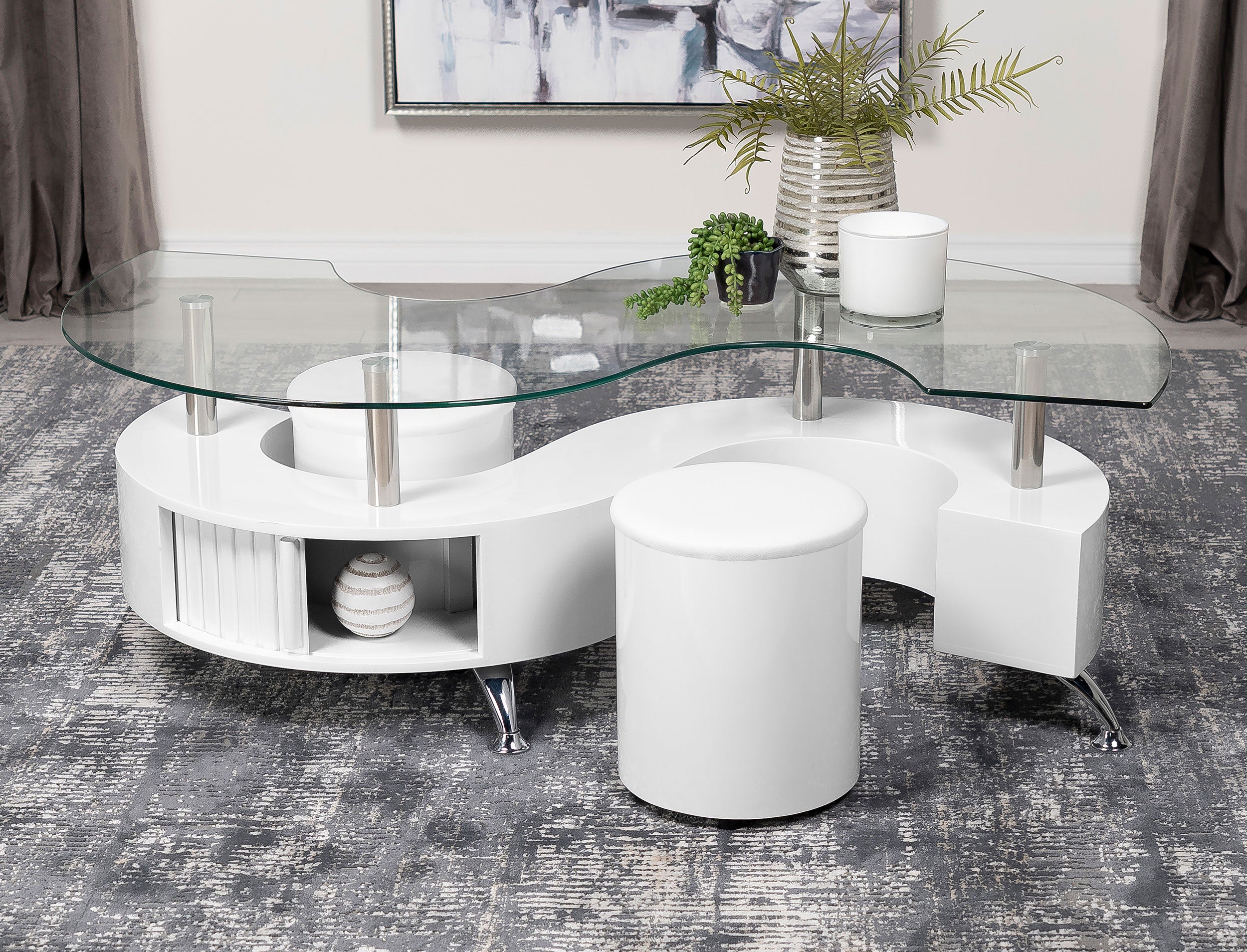 Tampa Furniture Outlet - Coaster - Buckley 3-piece Coffee Table and Stools Set White High Gloss - 703400