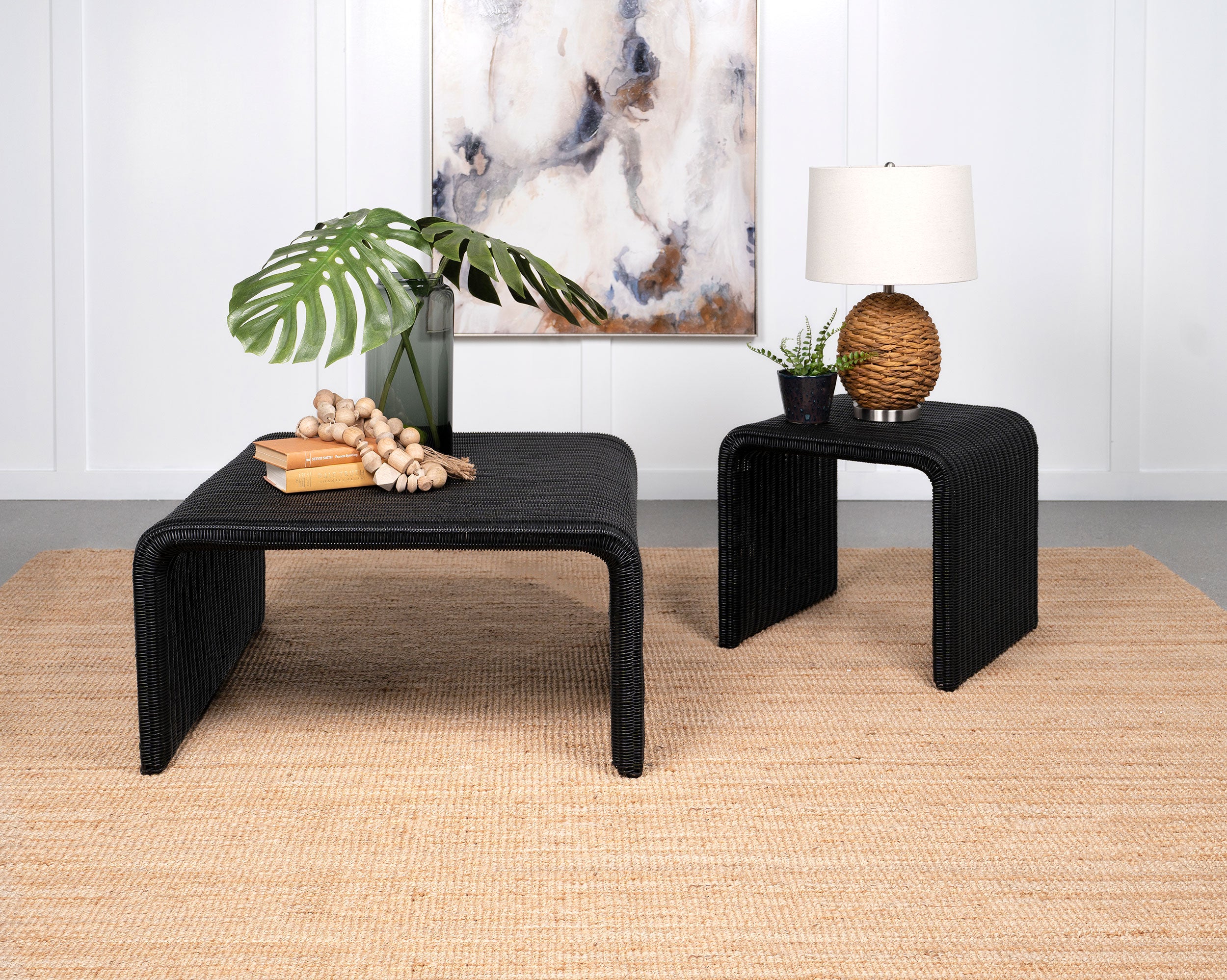 Tampa Furniture Outlet - Coaster - Cahya 2-piece Rattan Coffee and End Table Set Black - 708518-S2