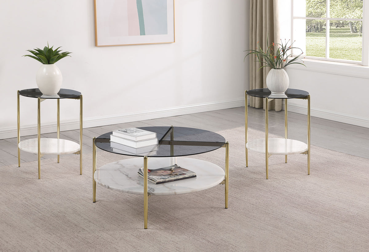 Tampa Furniture Outlet - Coaster - Jonelle 3-piece Round Coffee and End Table Set Gold - 710338-S3