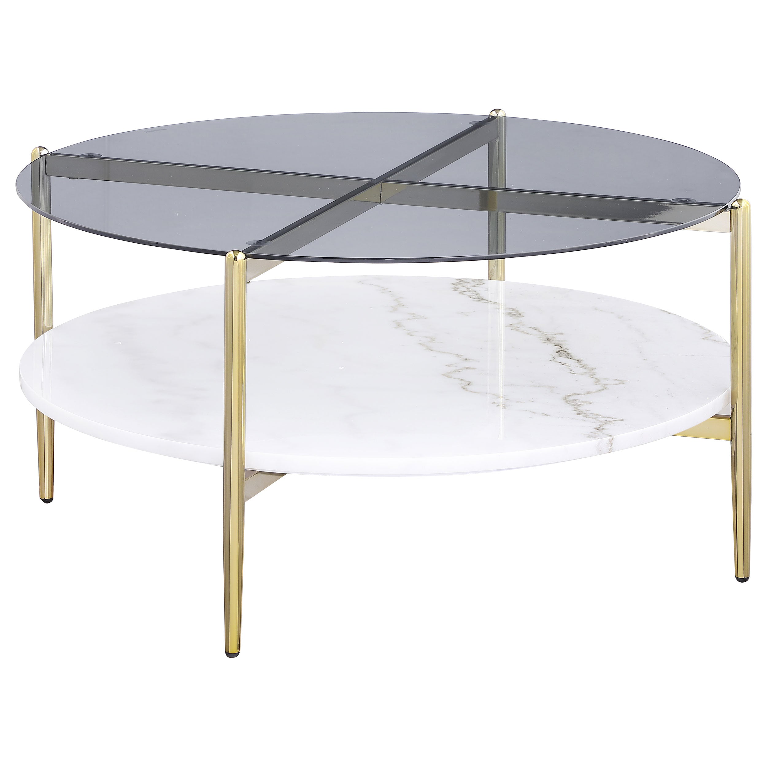 Tampa Furniture Outlet - Coaster - Jonelle Round Glass Top Coffee Table White Marble Shelf Gold - 710338