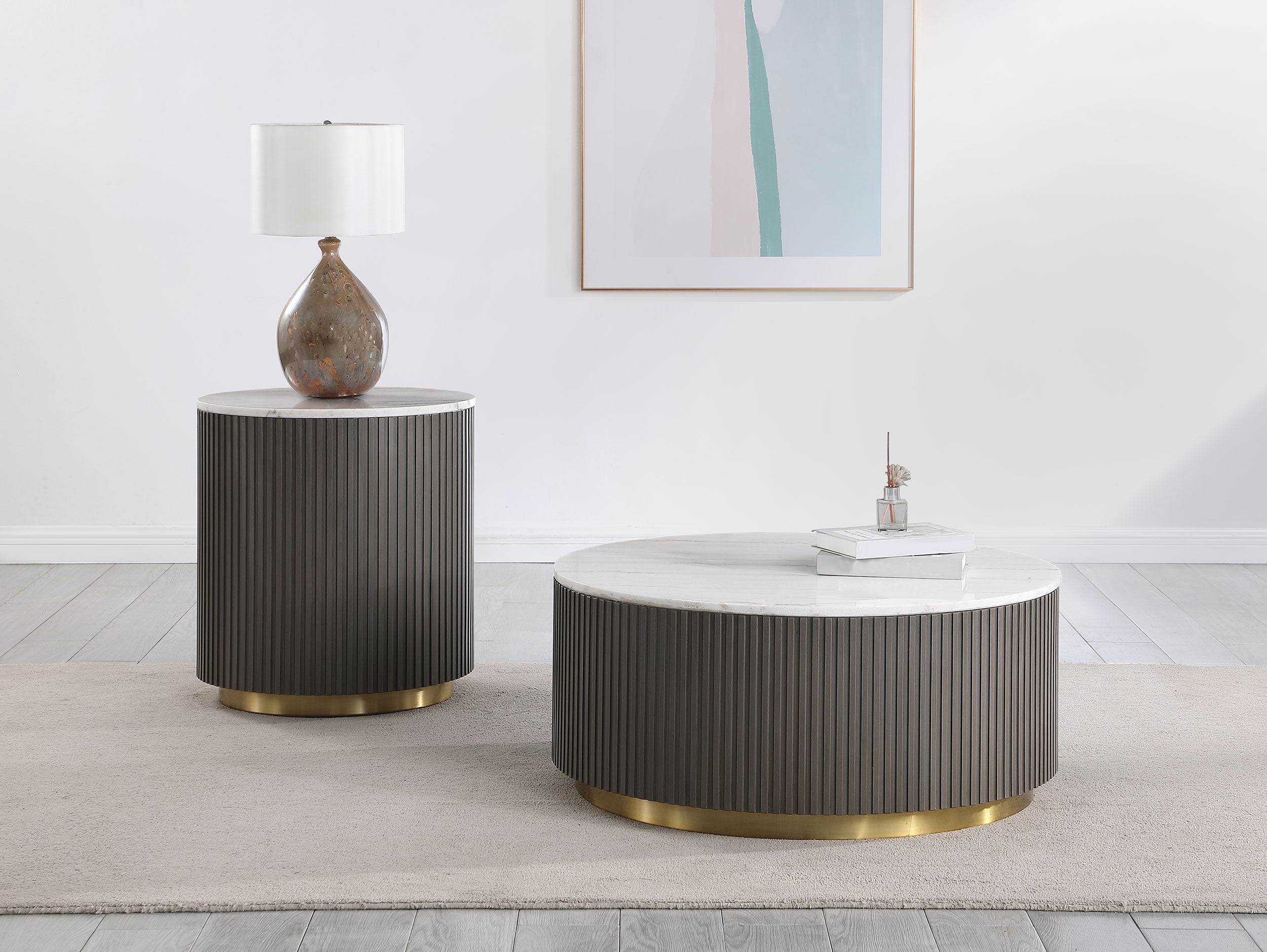 Tampa Furniture Outlet - Coaster - Jason 2-piece Round White Marble Coffee Table Set Charcoal - 710418-S2
