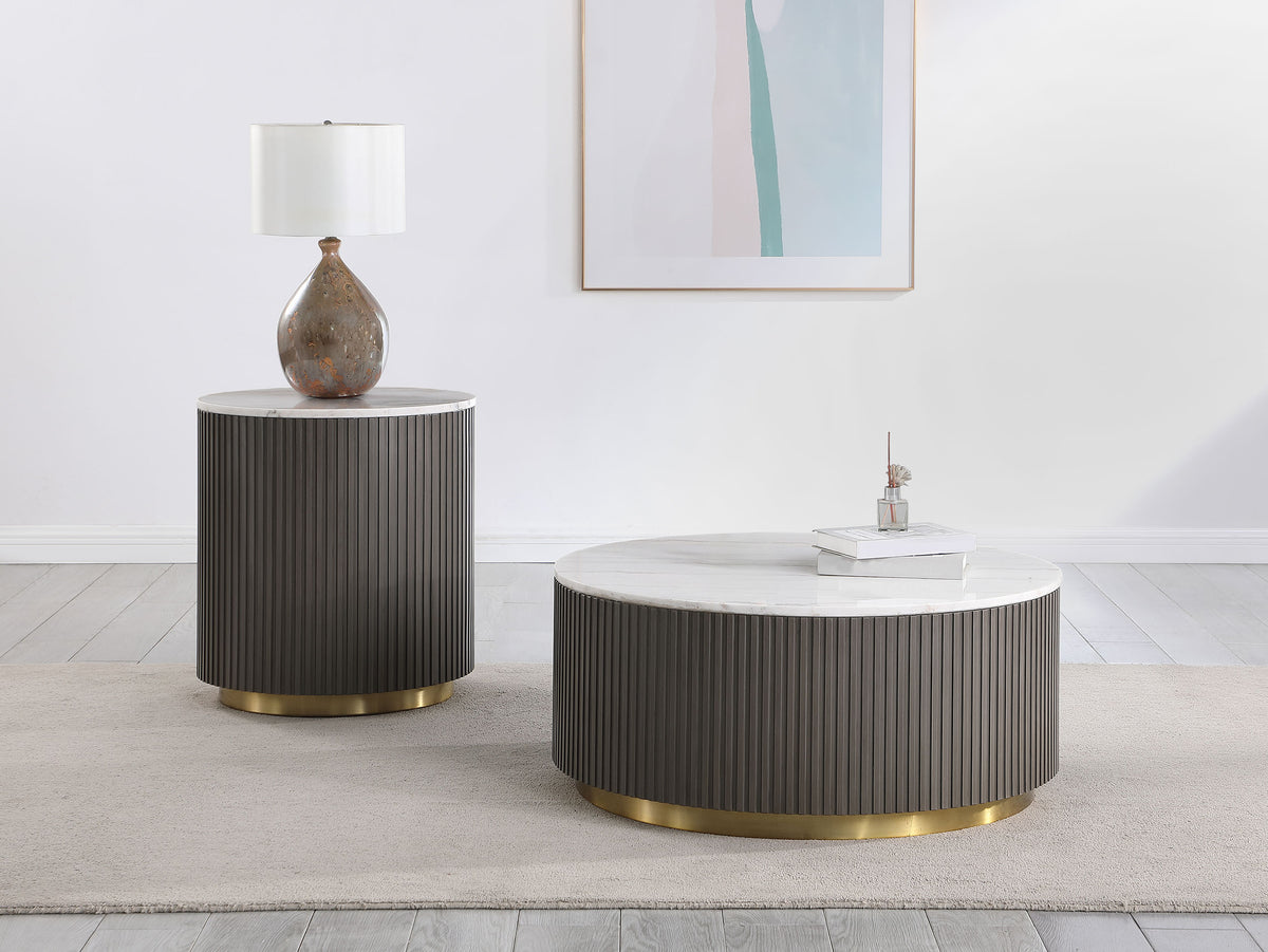 Tampa Furniture Outlet - Coaster - Jason 2-piece Round White Marble Coffee Table Set Charcoal - 710418-S2
