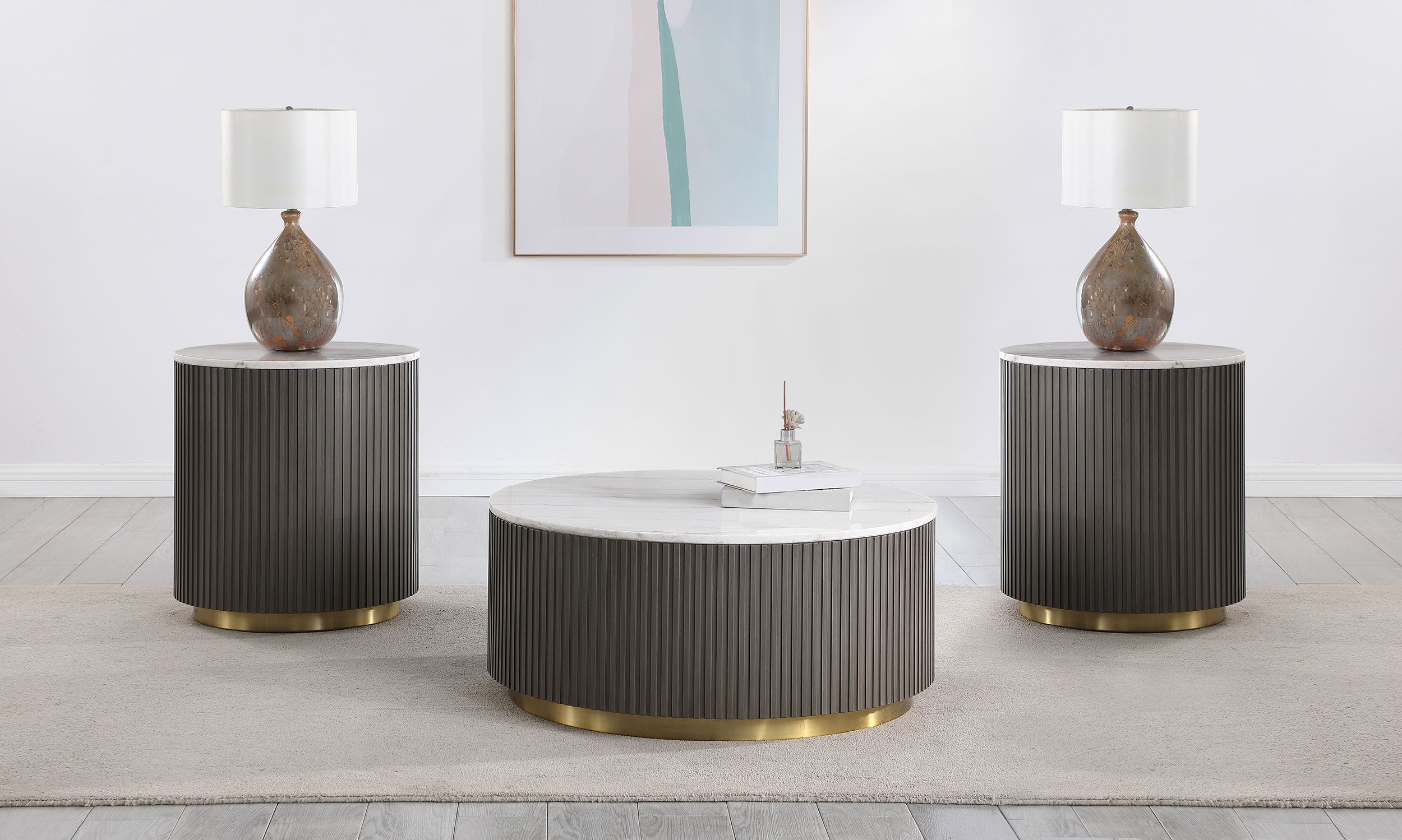 Tampa Furniture Outlet - Coaster - Jason 3-piece Round White Marble Coffee Table Set Charcoal - 710418-S3