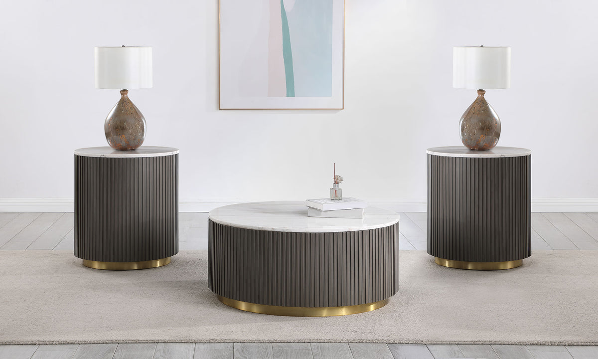 Tampa Furniture Outlet - Coaster - Jason 3-piece Round White Marble Coffee Table Set Charcoal - 710418-S3
