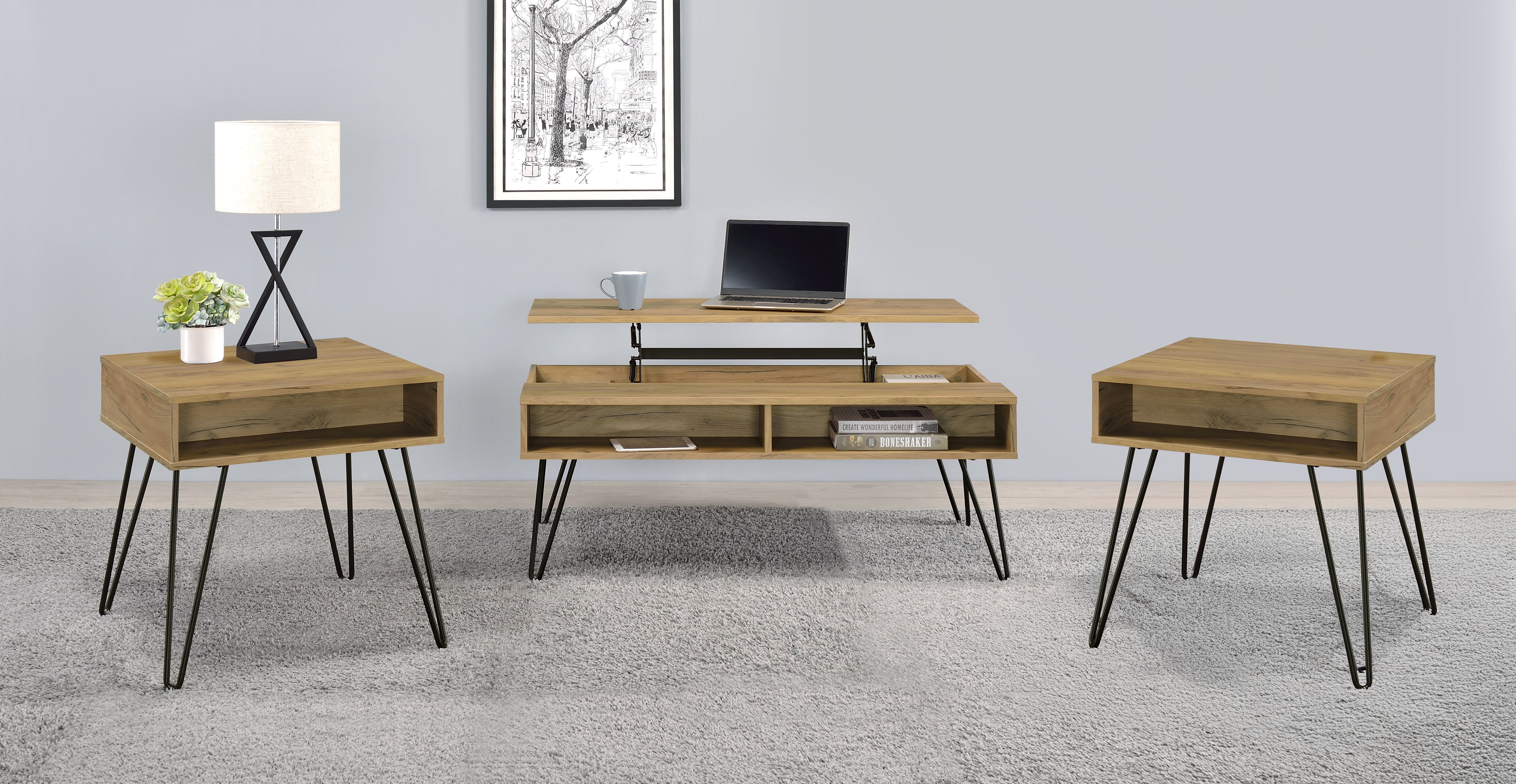 Tampa Furniture Outlet - Coaster - Fanning 3-piece Lift Top Coffee and End Table Set Golden Oak - 723368-S3