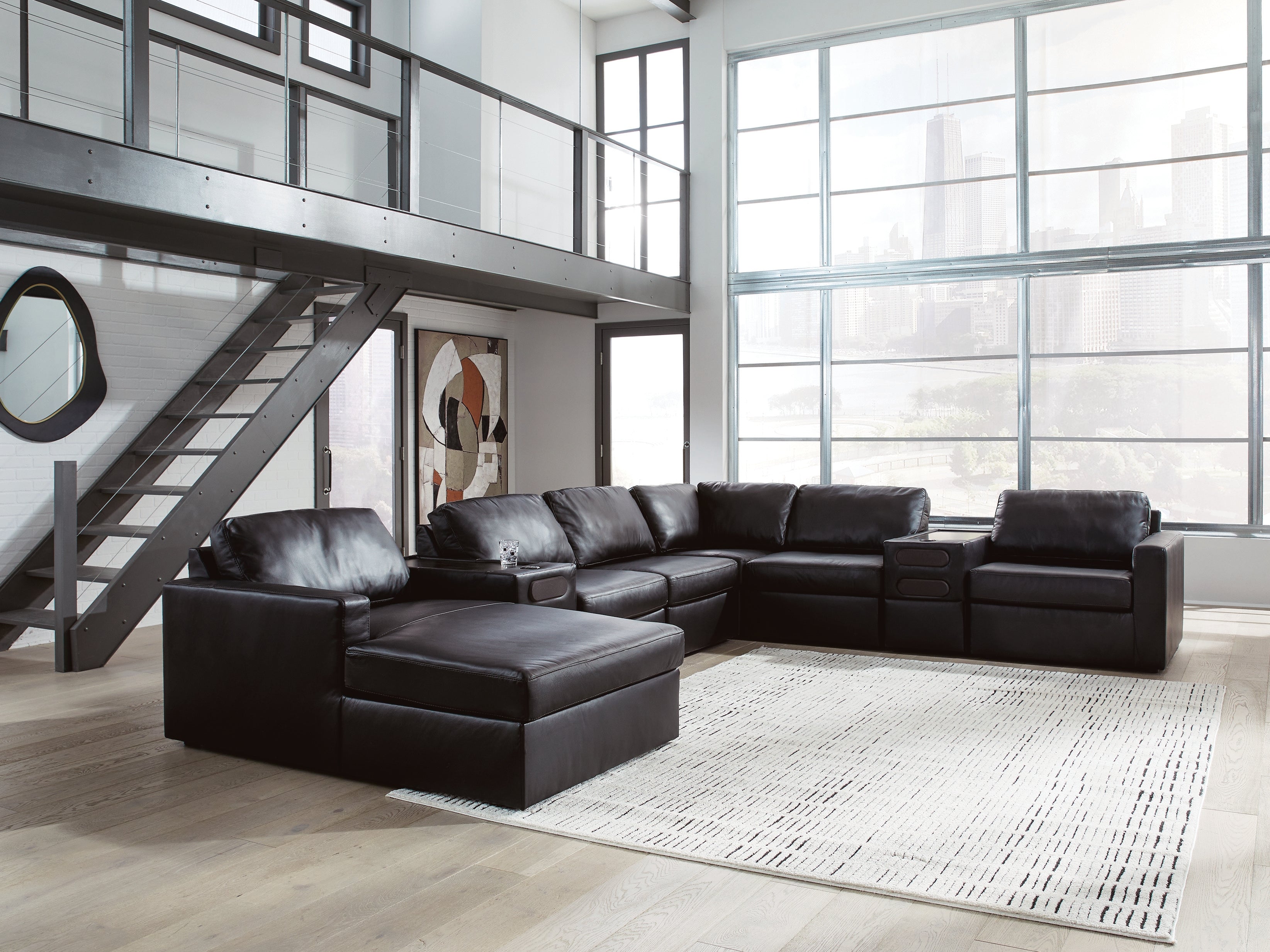 Tampa Furniture Outlet Lutz - Ashley Furniture - ModMax II Sectional - RAF 8-Piece Sectional with Chaise and Audio Consoles / Black - 74305S47