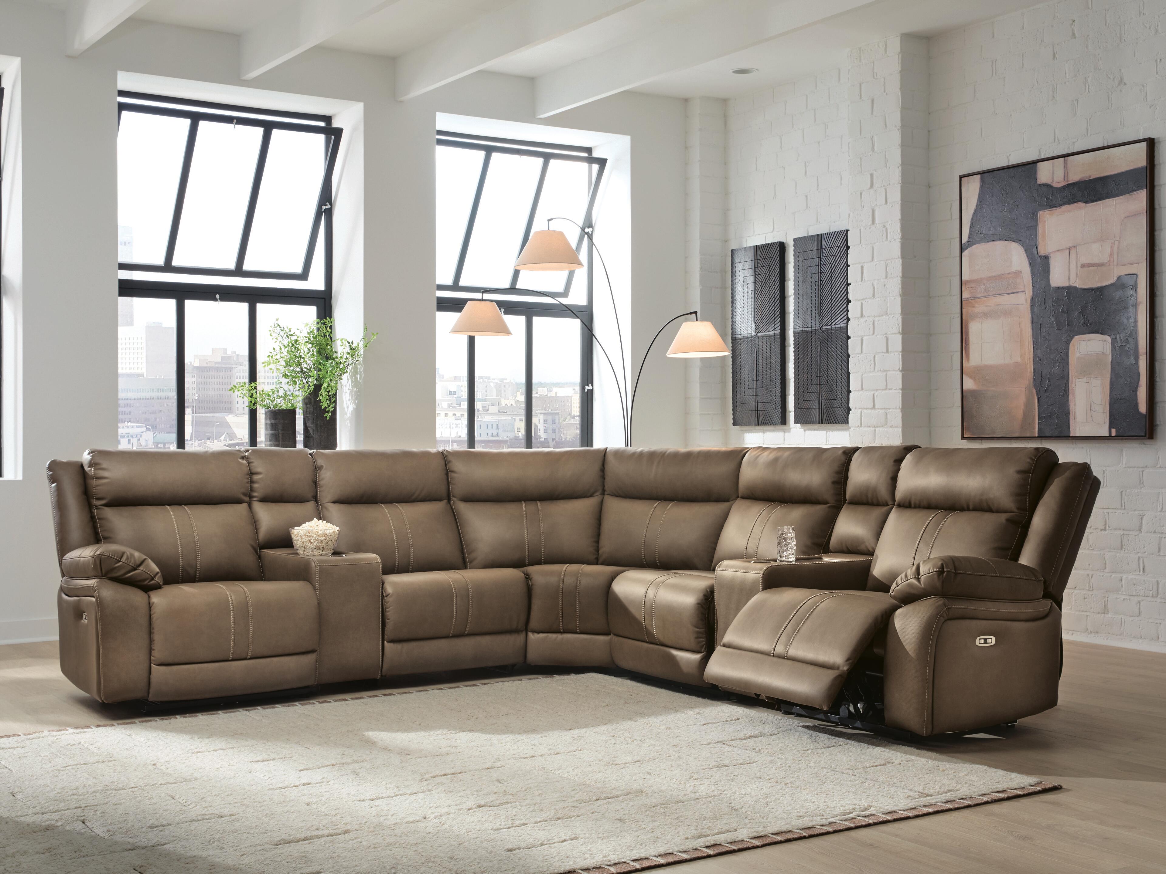 Tampa Furniture Outlet Lutz - Ashley Furniture - Max-Momentum Sectional - 7-Piece Power Reclining Sectional with Audio Consoles / Biscotti - PC82305S7