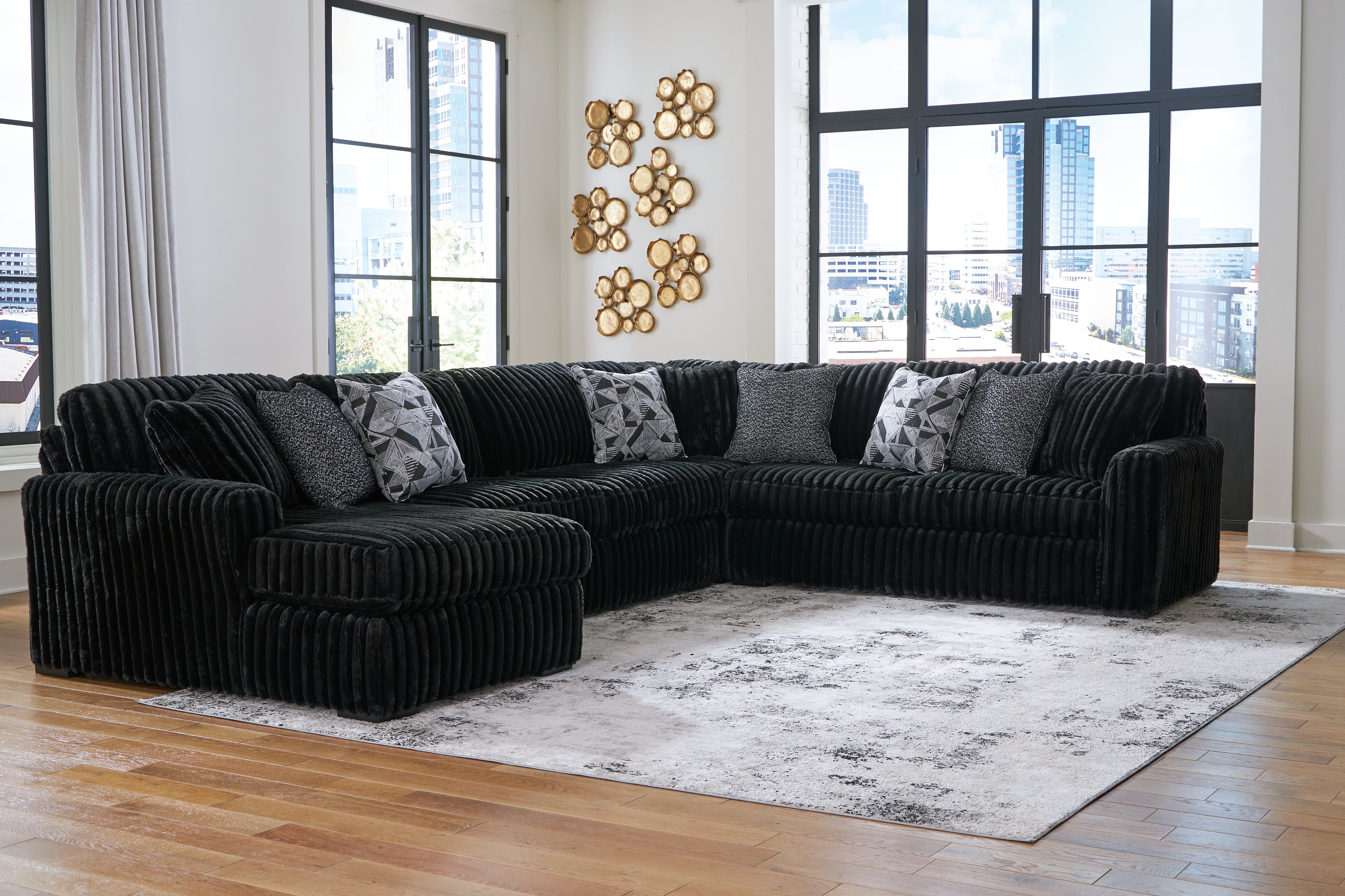 Tampa Furniture Outlet Lutz - Ashley Furniture - Midnight-Madness Sectional - RAF 4-Piece Sectional with Chaise / Onyx - 98103S4