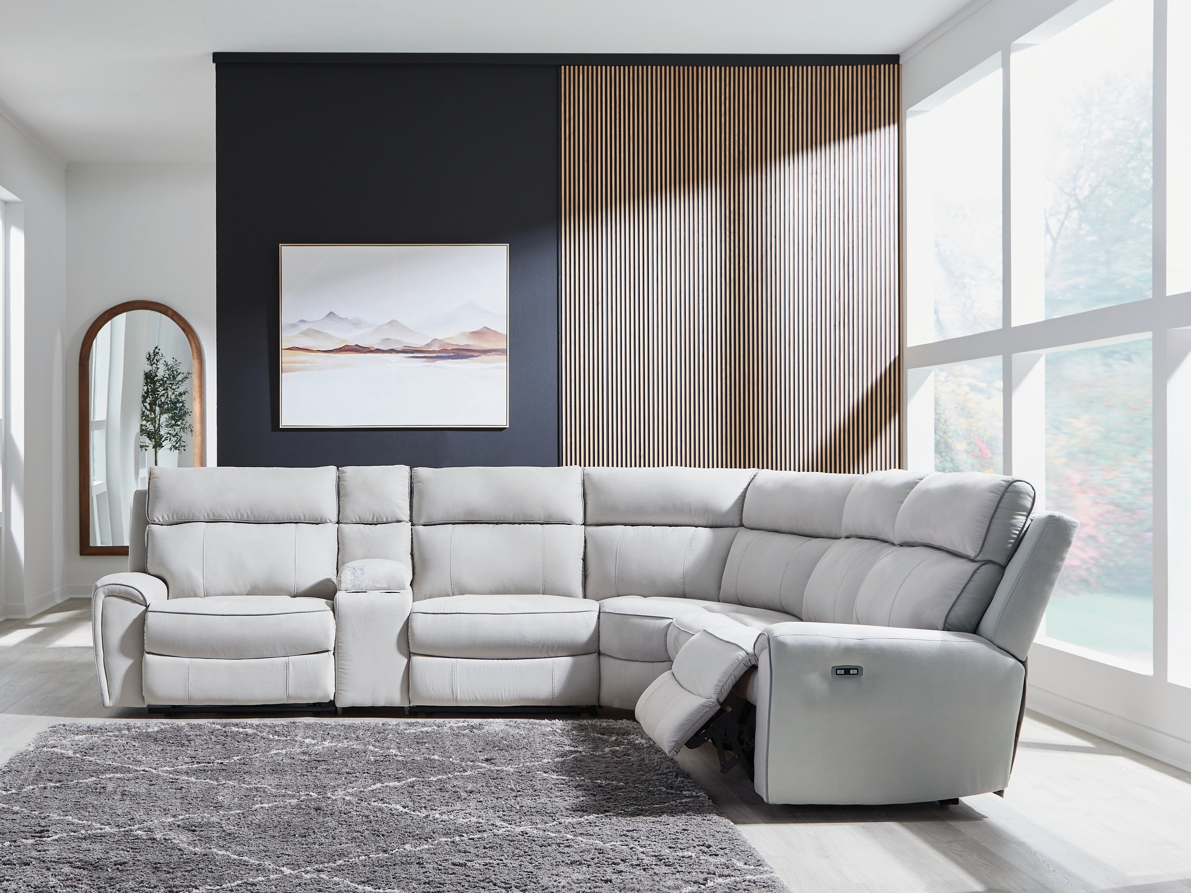 Tampa Furniture Outlet Lutz - Ashley Furniture - Social Pointe Sectional - 6-Piece Reclining Sectional with Storage Console / Pearl/Ash - PC98802S36
