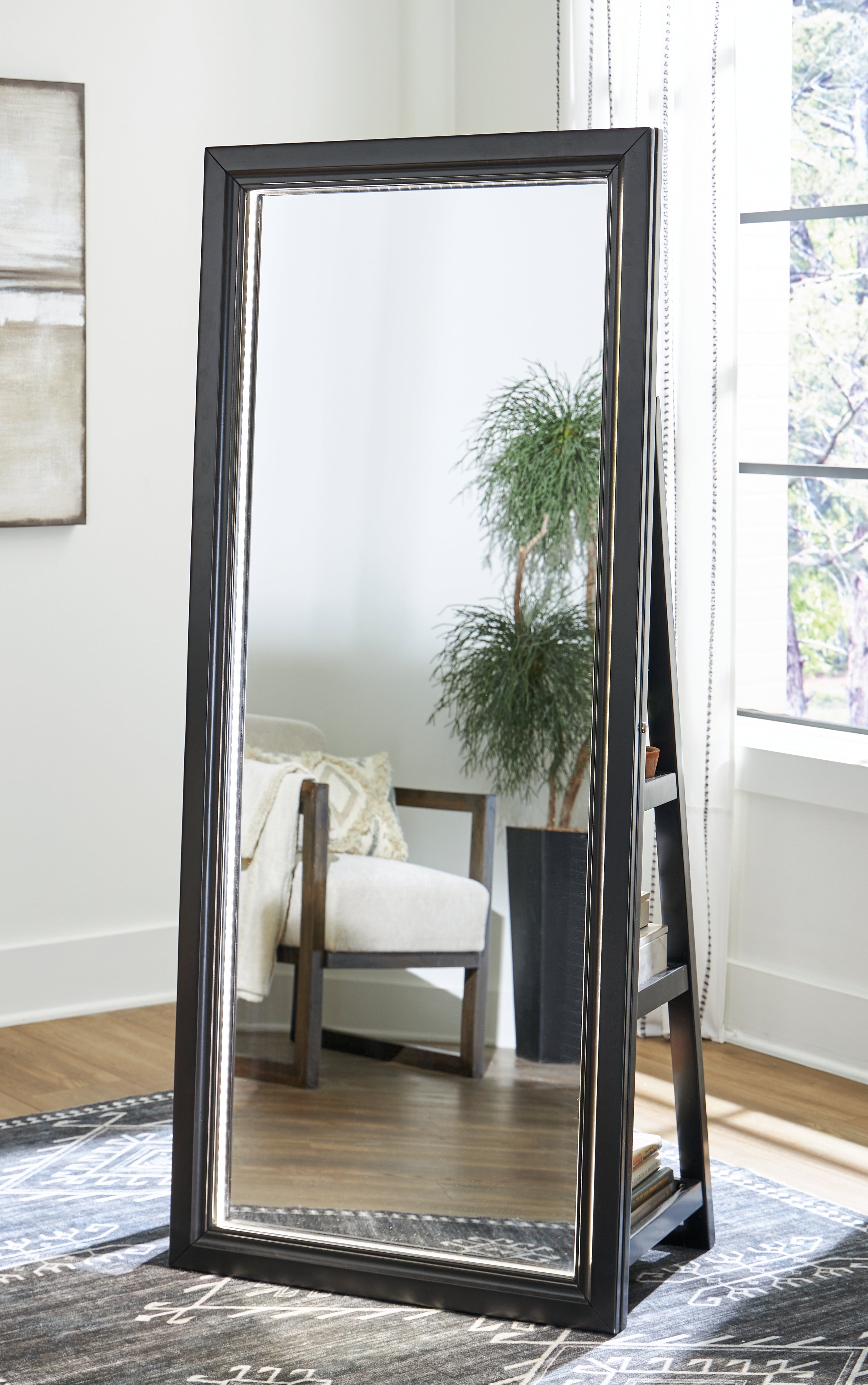 Tampa Furniture Outlet Lutz - Ashley Furniture - Evesen Mirror - Floor Standing Mirror/Storage / Black - A8010384