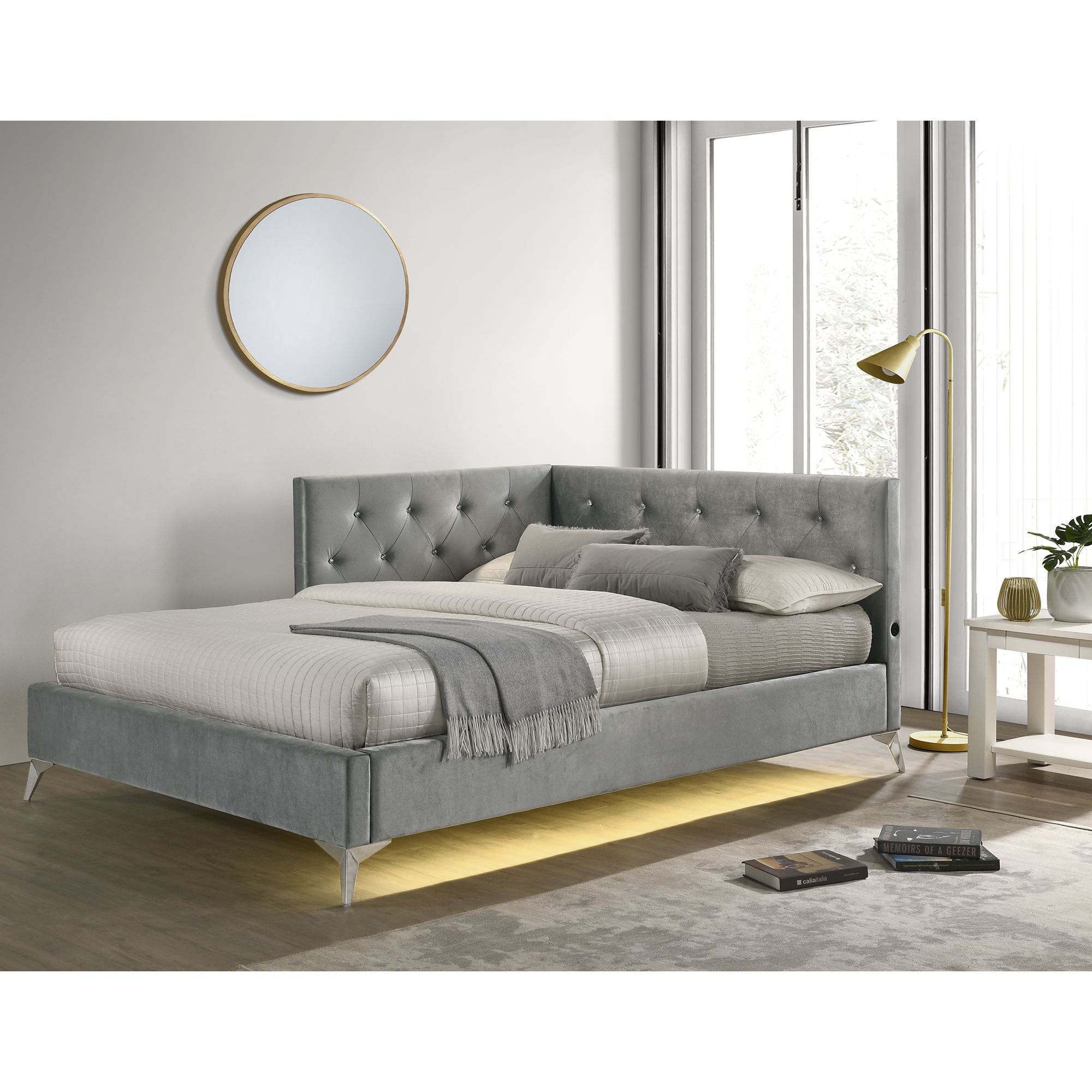 Amberley Full UPH Corner Bed with LED and USB in Grey – SKU B-480-3-FCB | Elements