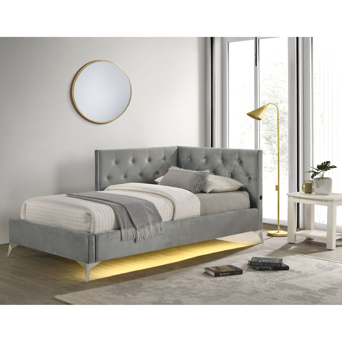 Amberley Twin UPH Corner Bed with LED and USB in Grey – SKU B-480-3-TCB | Elements
