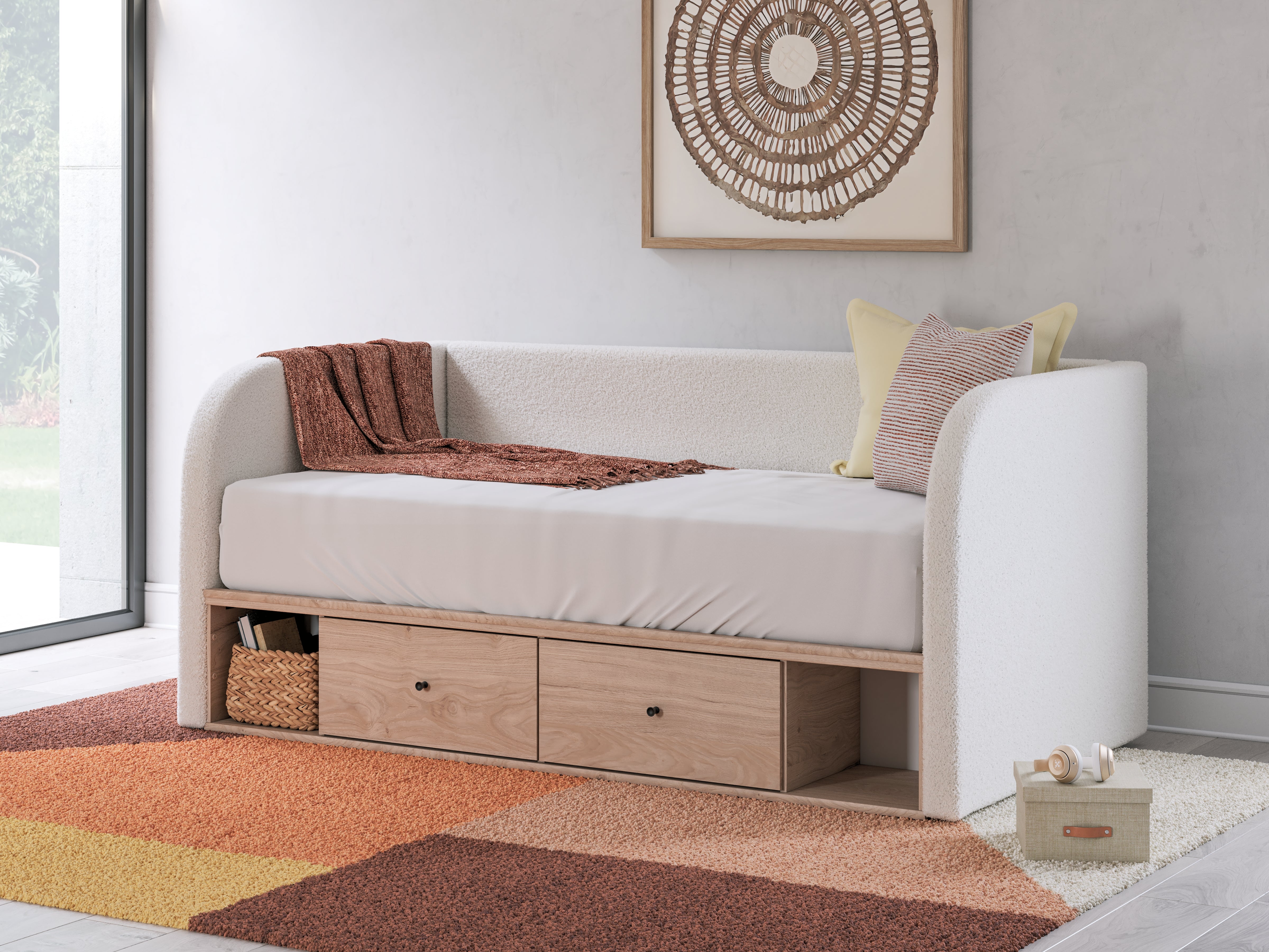 Tampa Furniture Outlet Lutz - Ashley Furniture - Arloster Bedroom - Full Upholstered Day Bed with Storage / Tan/White - PCB1566B11