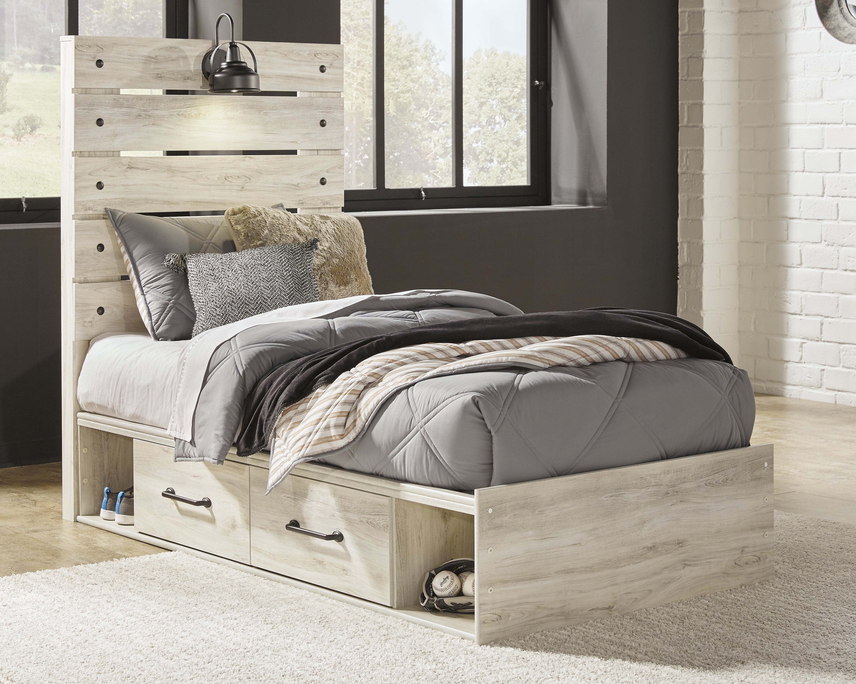 Tampa Furniture Outlet Lutz - Ashley Furniture - Cambeck Bedroom - Twin Panel Bed with 2 Storage Drawers / Whitewash - B192B13