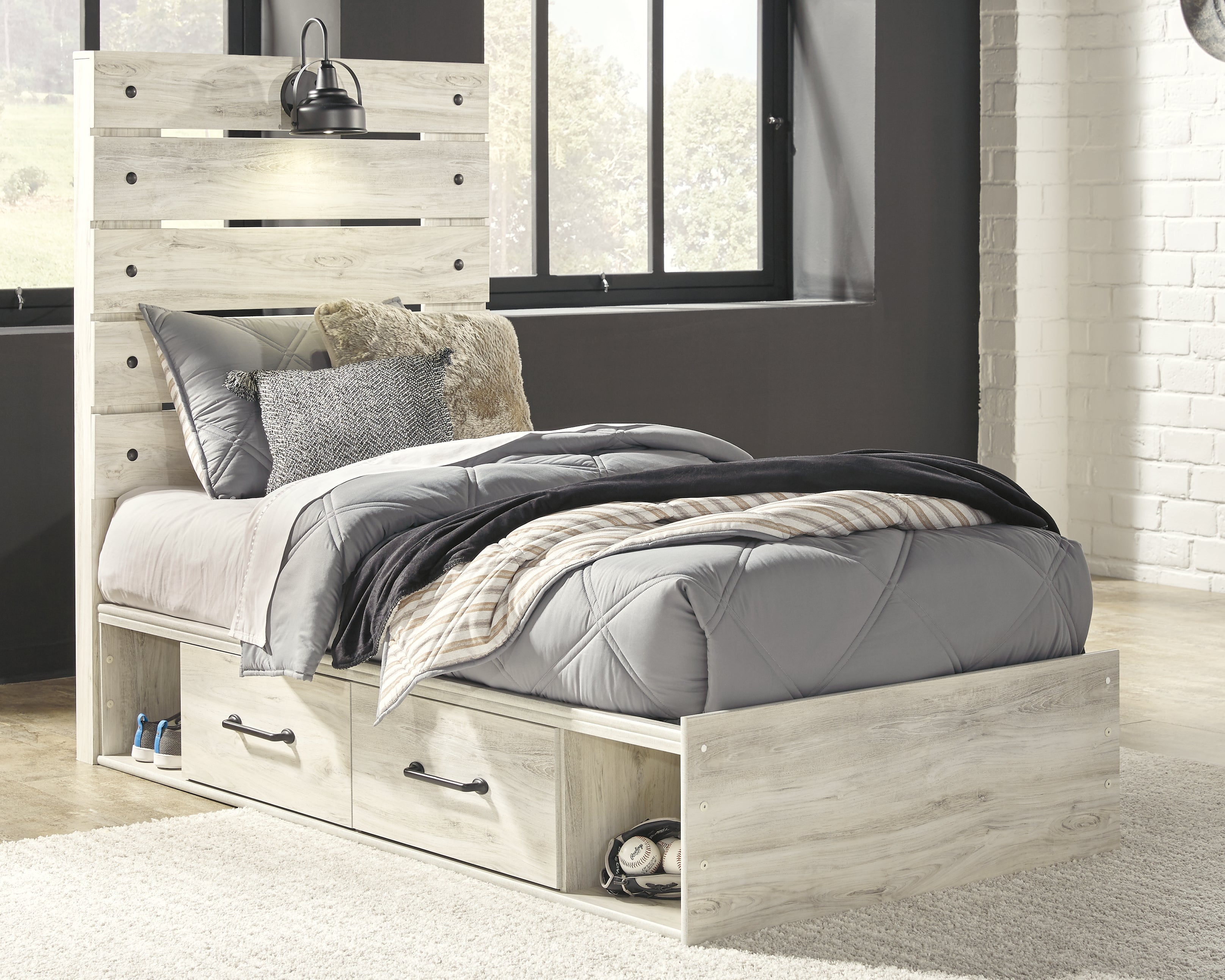 Tampa Furniture Outlet Lutz - Ashley Furniture - Cambeck Bedroom - Twin Panel Bed with 4 Storage Drawers / Whitewash - B192B21