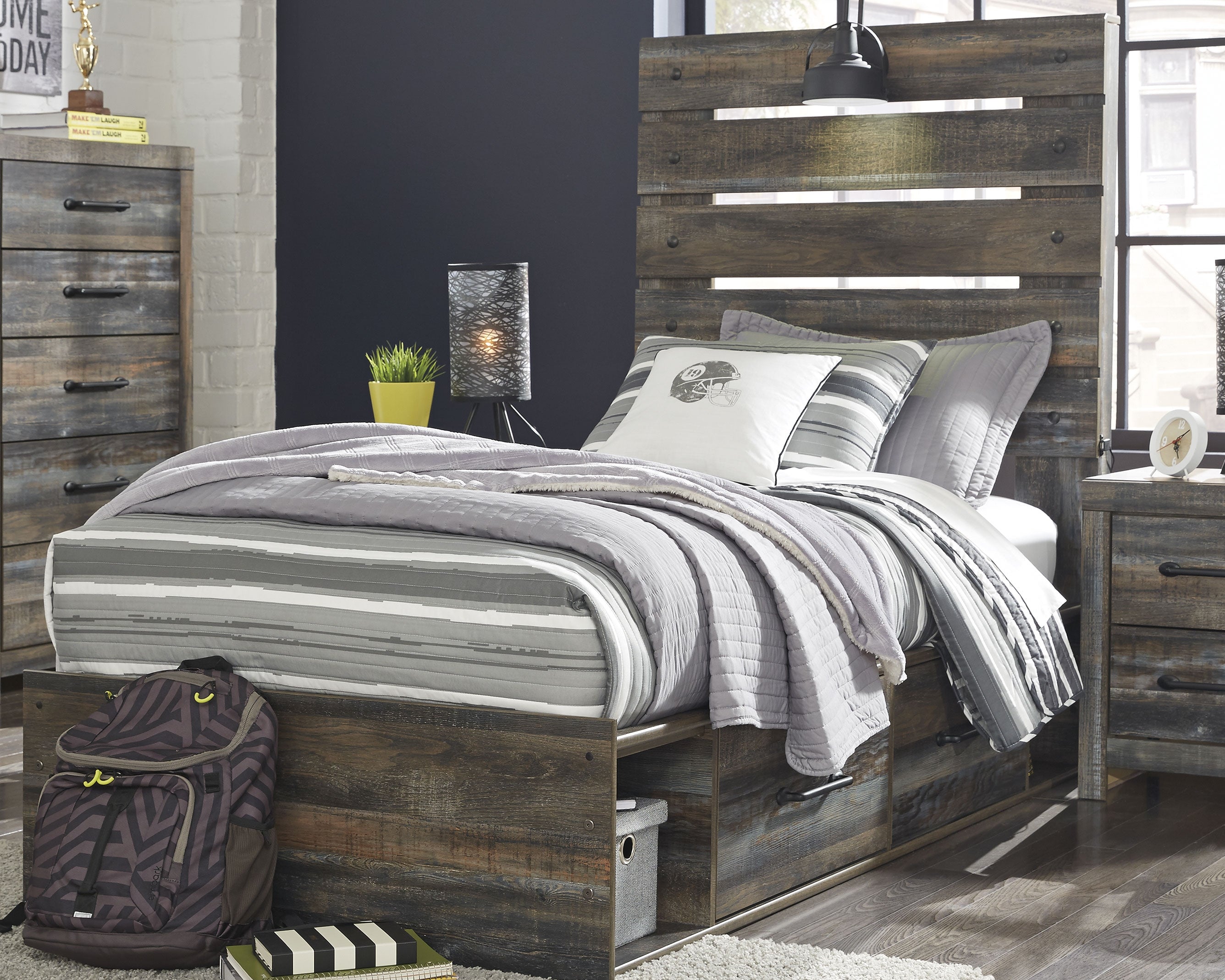 Tampa Furniture Outlet Lutz - Ashley Furniture - Drystan Bedroom - Twin Panel Bed with 4 Storage Drawers / Multi - B211B11