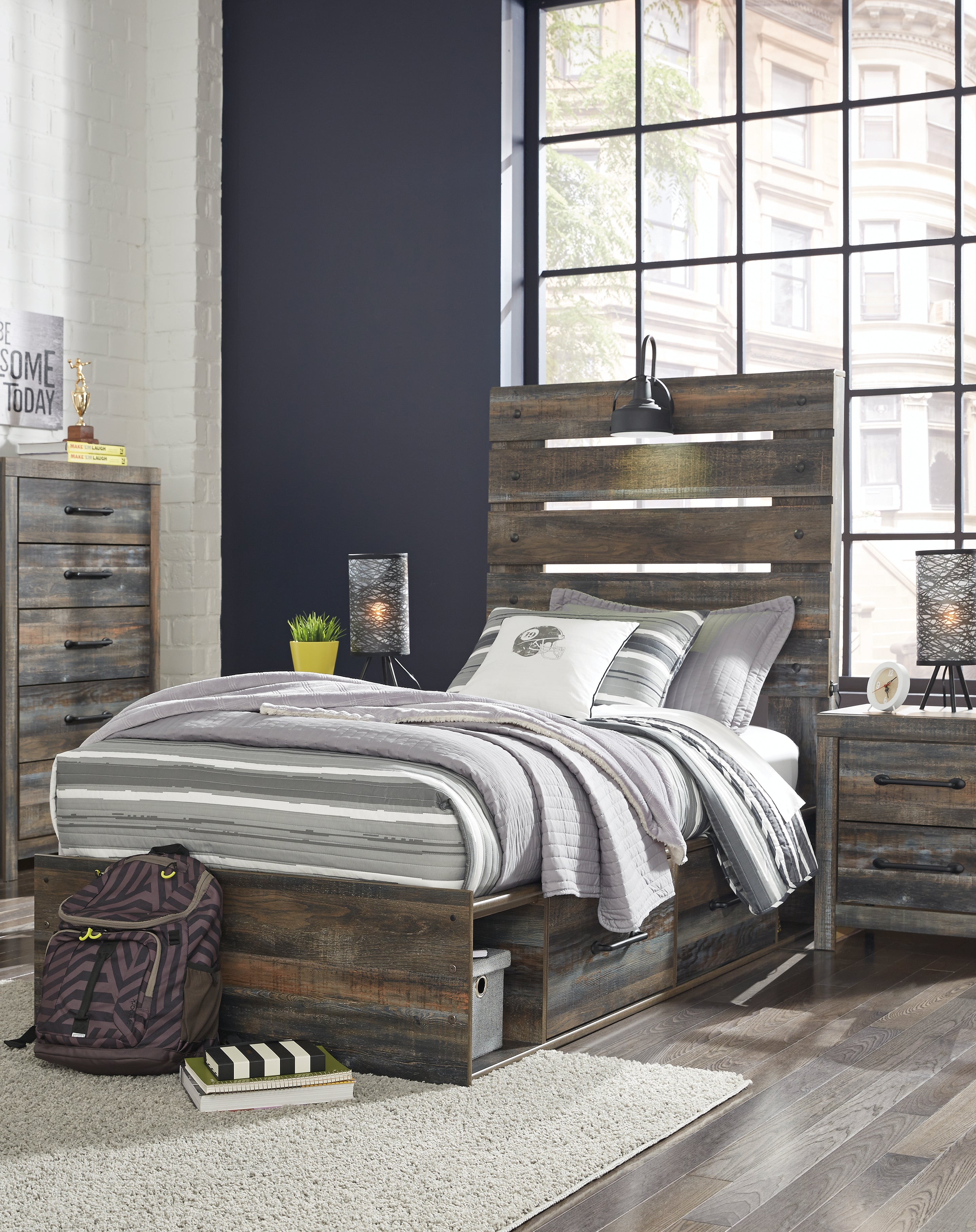 Tampa Furniture Outlet Lutz - Ashley Furniture - Drystan Bedroom - Twin Panel Bed with 2 Storage Drawers / Multi - B211B8