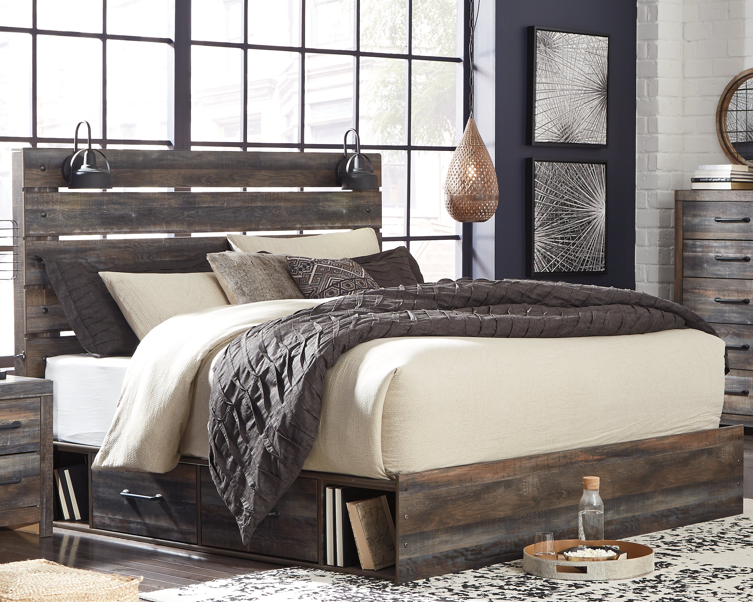 Tampa Furniture Outlet Lutz - Ashley Furniture - Drystan Bedroom - King Panel Bed with 2 Storage Drawers / Multi - B211B15