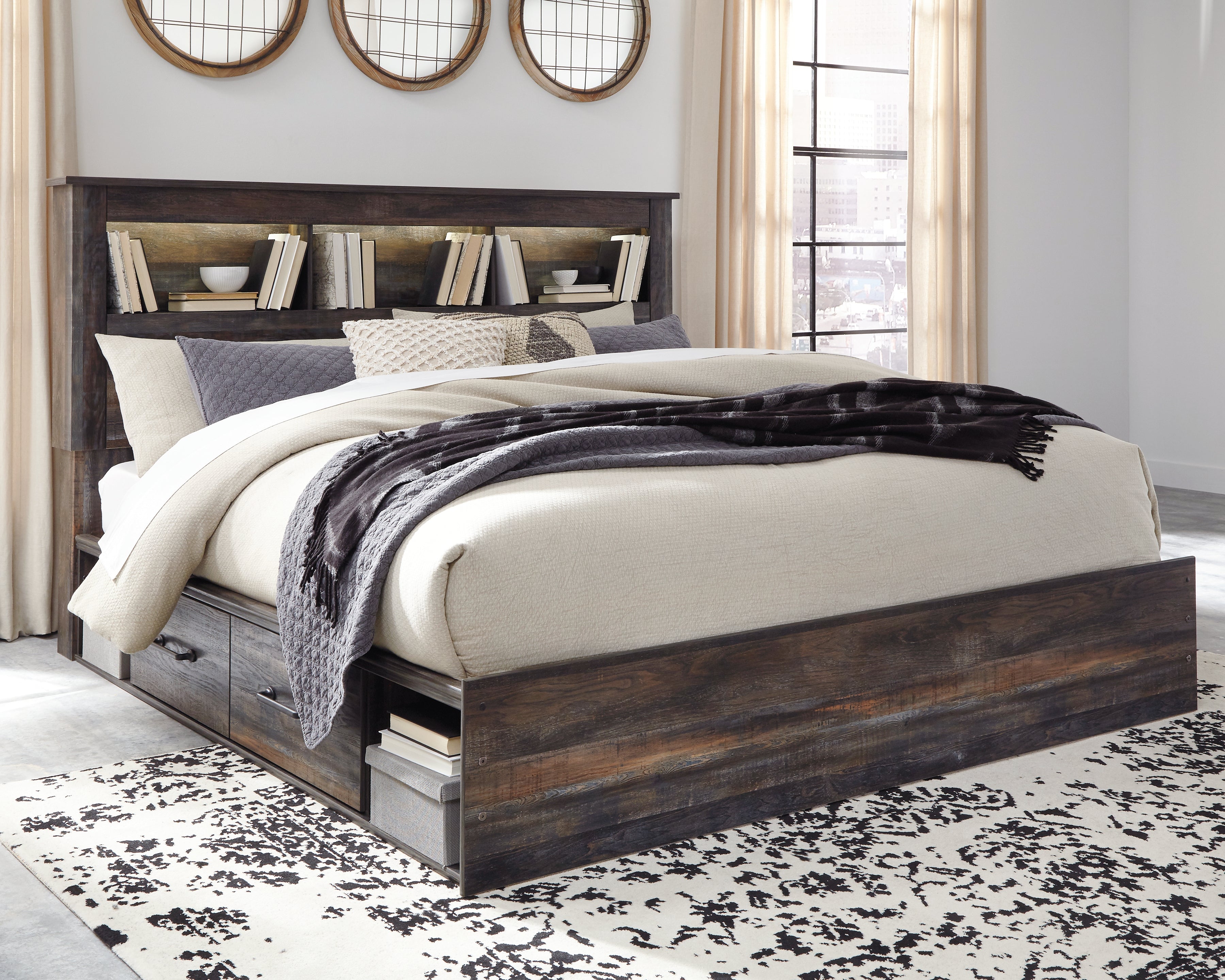 Tampa Furniture Outlet Lutz - Ashley Furniture - Drystan Bedroom - King Bookcase Bed with 4 Storage Drawers / Multi - B211B52