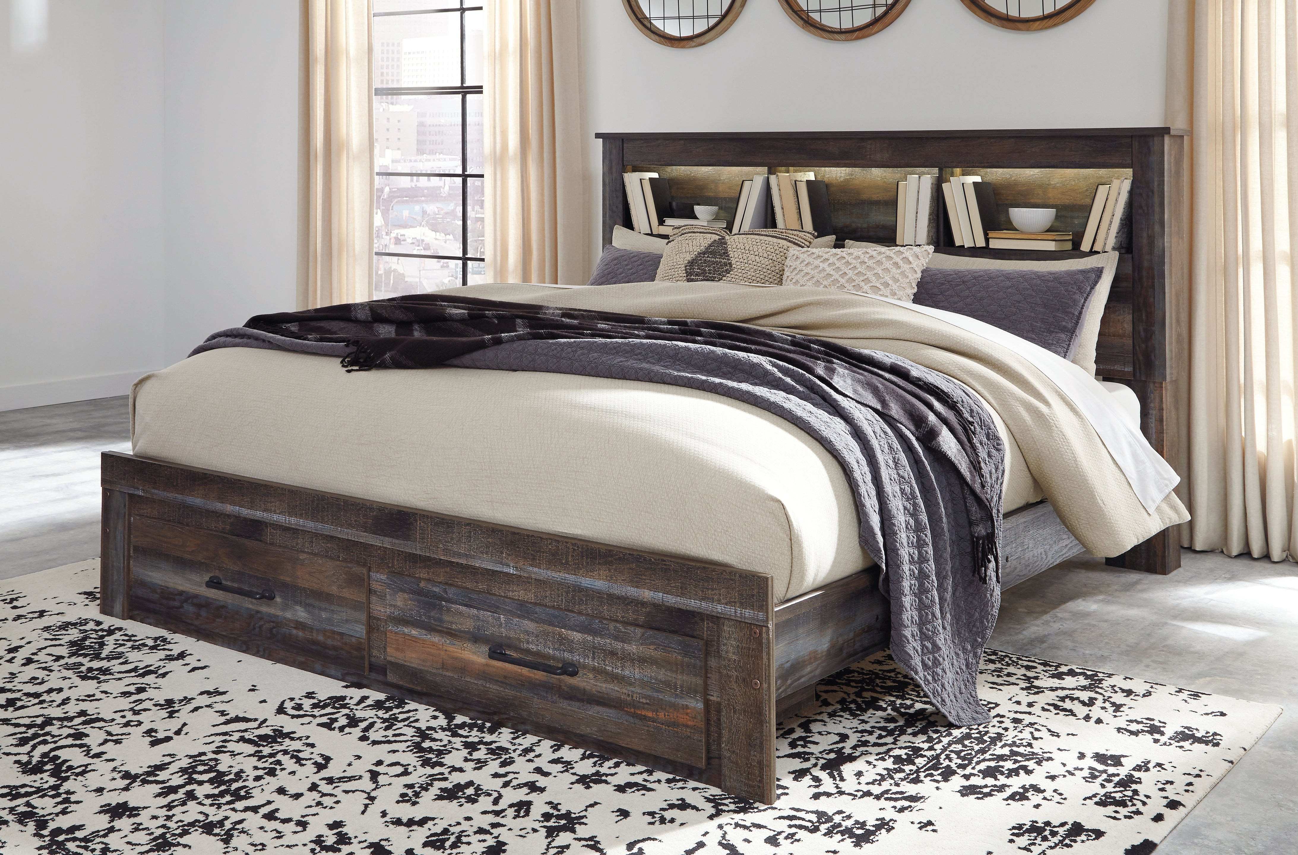 Tampa Furniture Outlet Lutz - Ashley Furniture - Drystan Bedroom - King Bookcase Bed with 2 Storage Drawers / Multi - B211B27