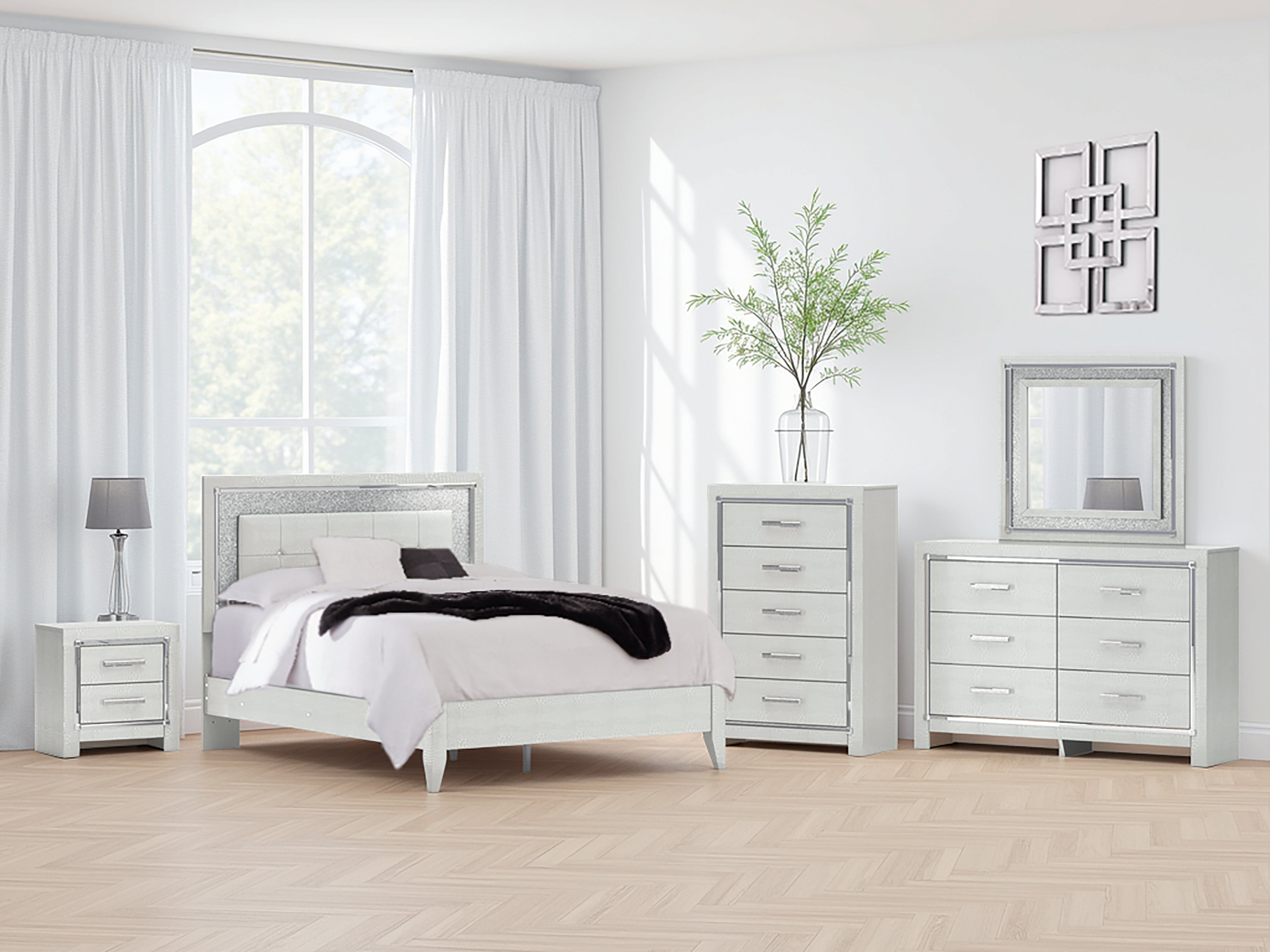 Tampa Furniture Outlet Lutz - Ashley Furniture - Zyniden Bedroom - Queen Upholstered Panel Bed / Silver - B2114B2