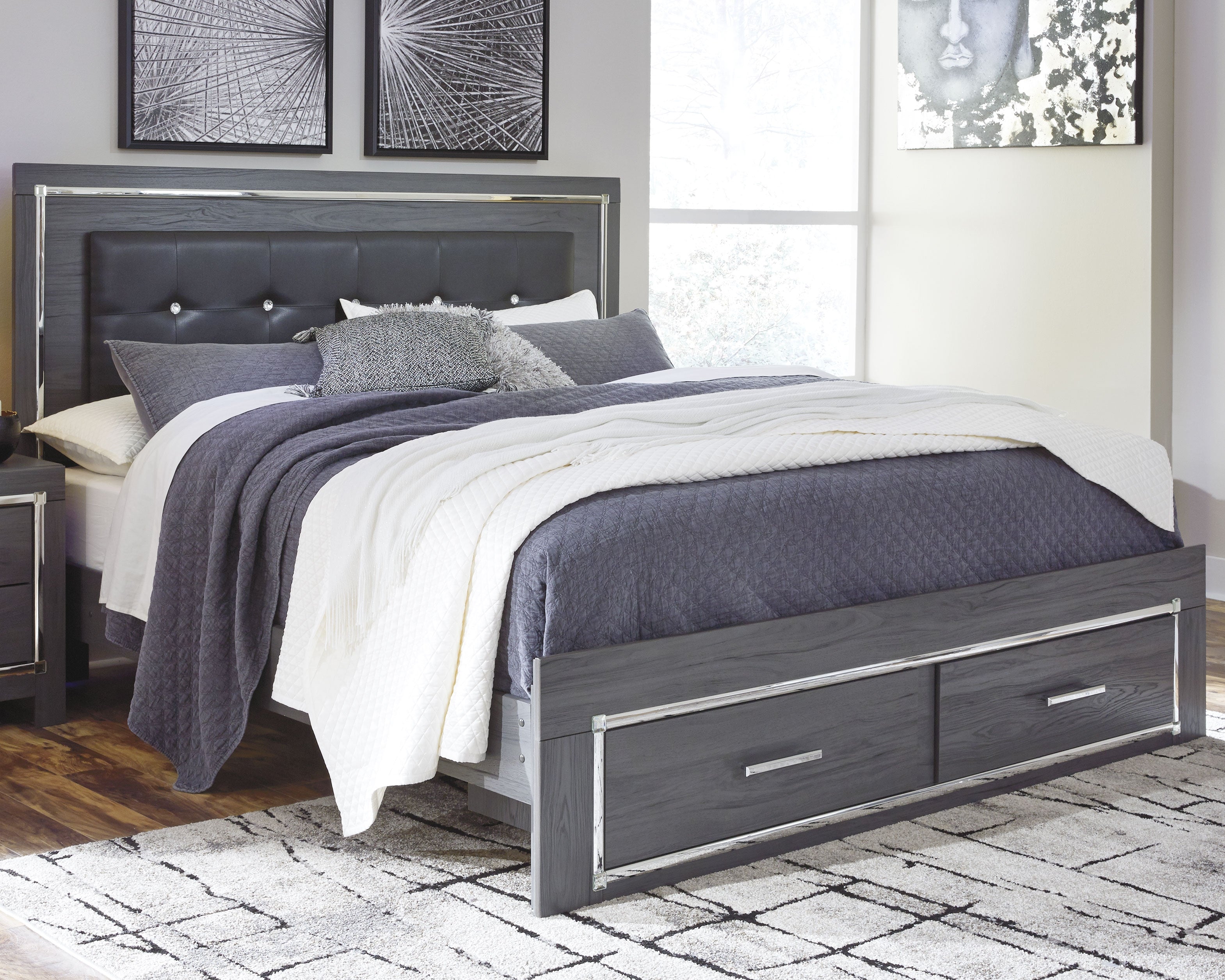 Tampa Furniture Outlet Lutz - Ashley Furniture - Lodanna Bedroom - King Panel Bed with 2 Storage Drawers / Gray - B214B11