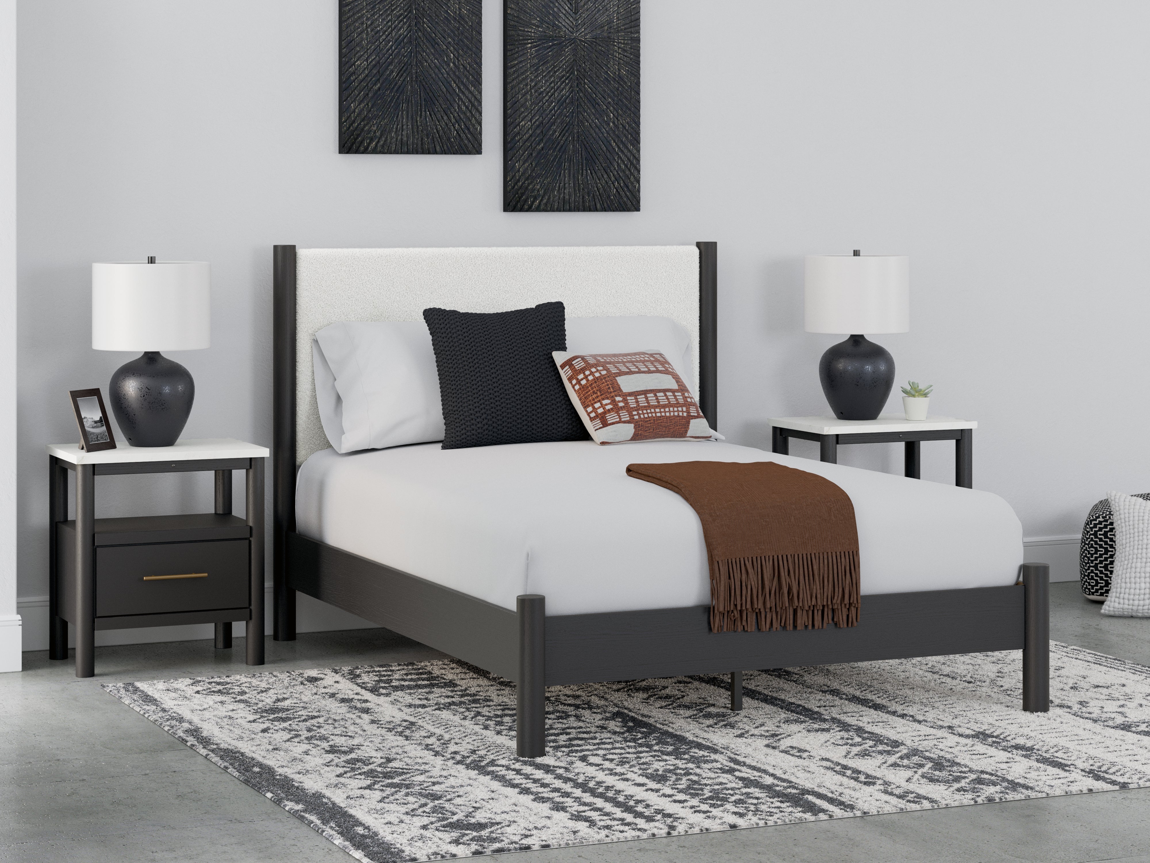 Tampa Furniture Outlet Lutz - Ashley Furniture - Cadmori Bedroom - Queen Upholstered Panel Bed / Black/White - B2616B2