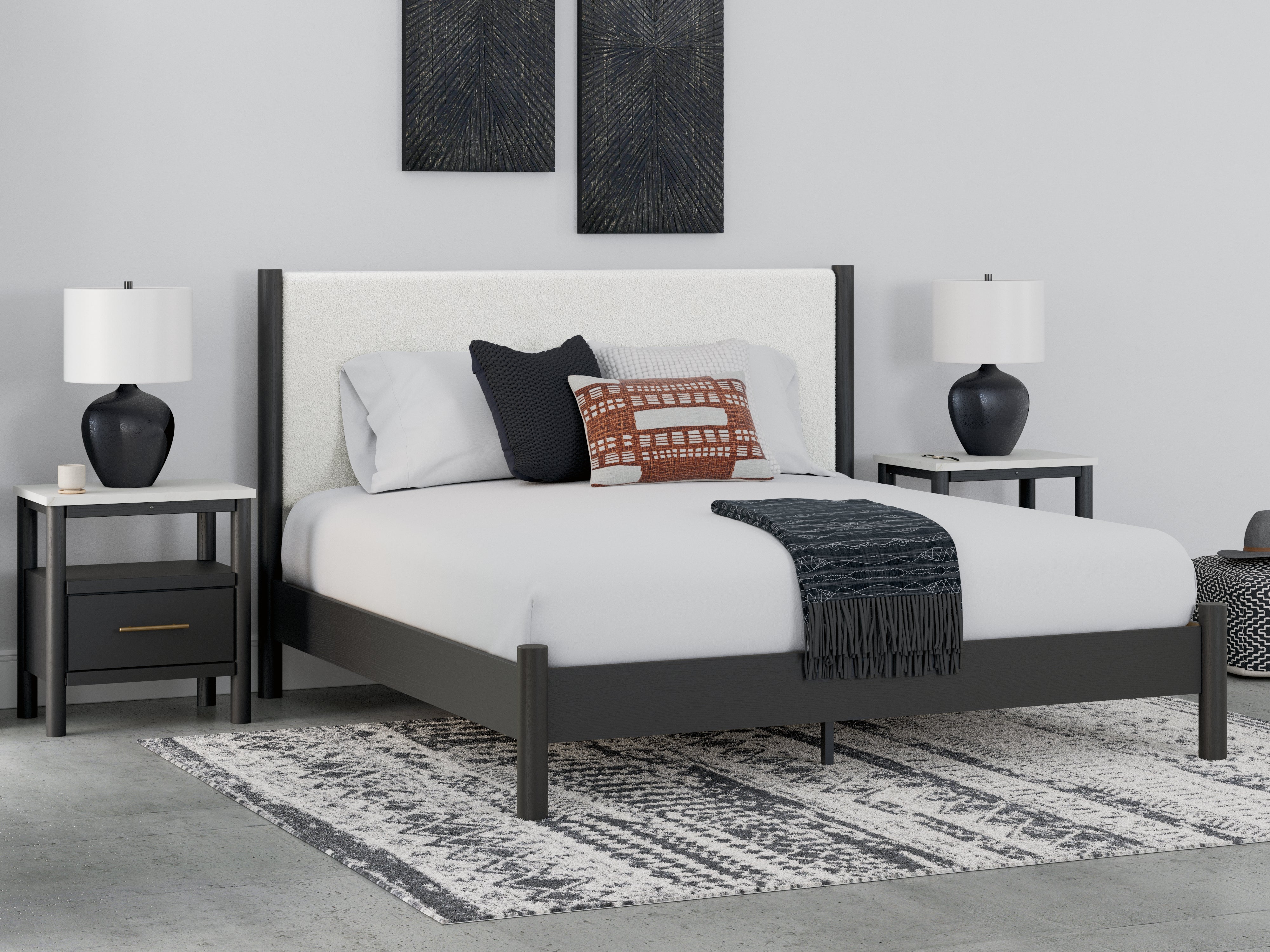 Tampa Furniture Outlet Lutz - Ashley Furniture - Cadmori Bedroom - King Upholstered Panel Bed / Black/White - B2616B8