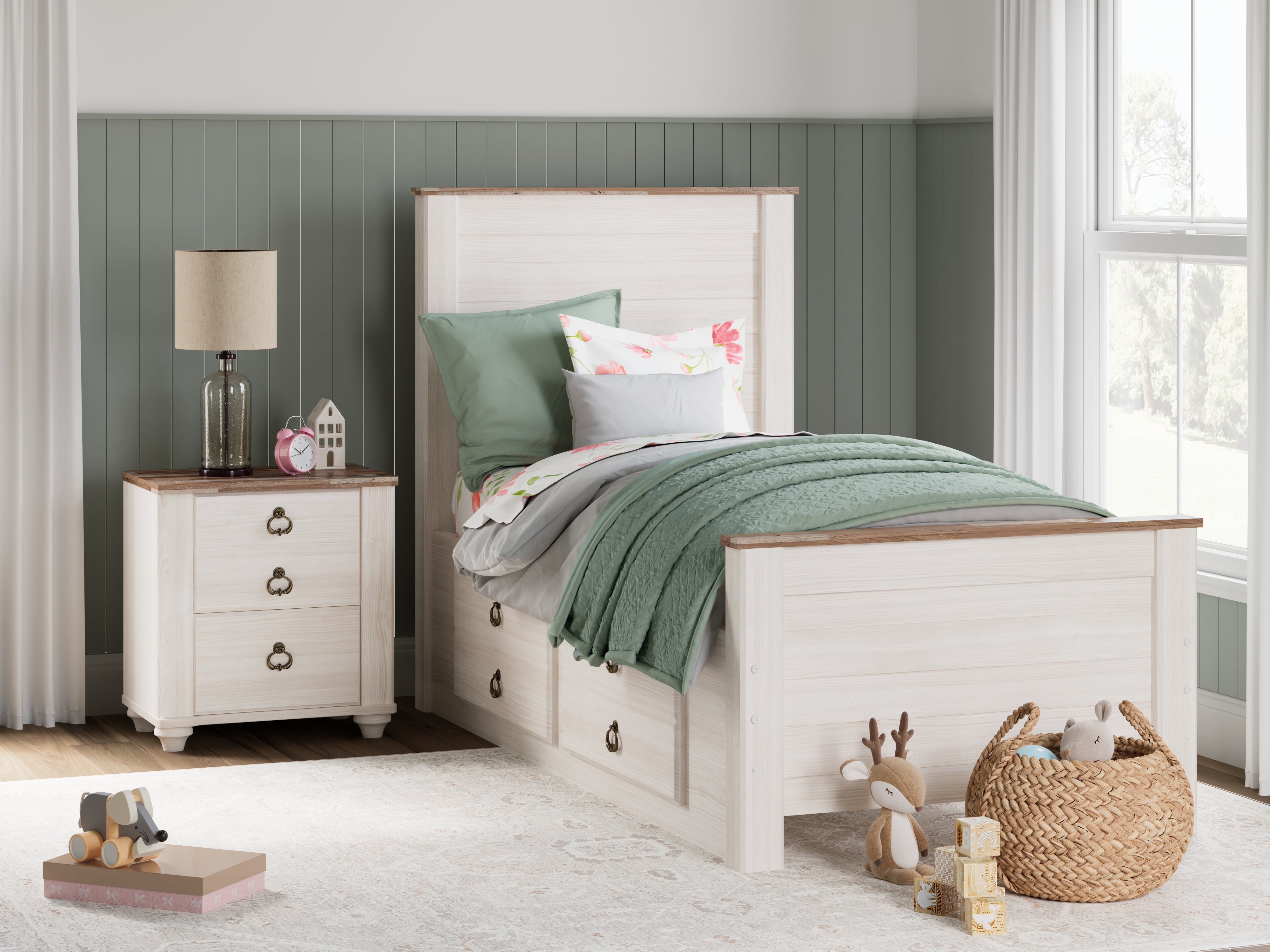 Tampa Furniture Outlet Lutz - Ashley Furniture - Willowton Bedroom - Twin Panel Bed with 2 Storage Drawers / Whitewash - B267B21