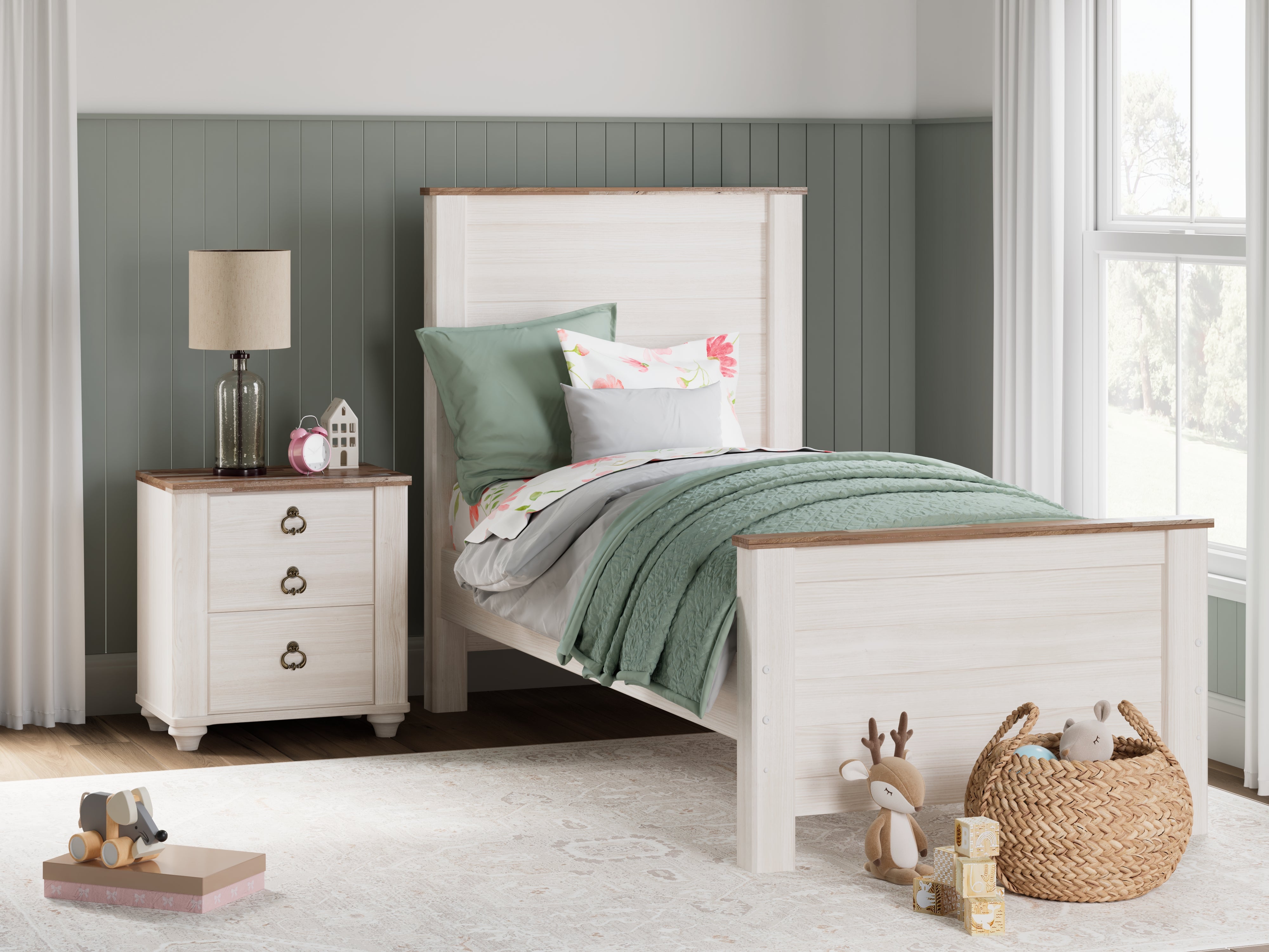Tampa Furniture Outlet Lutz - Ashley Furniture - Willowton Bedroom - Twin Panel Bed / Whitewash - B267B15