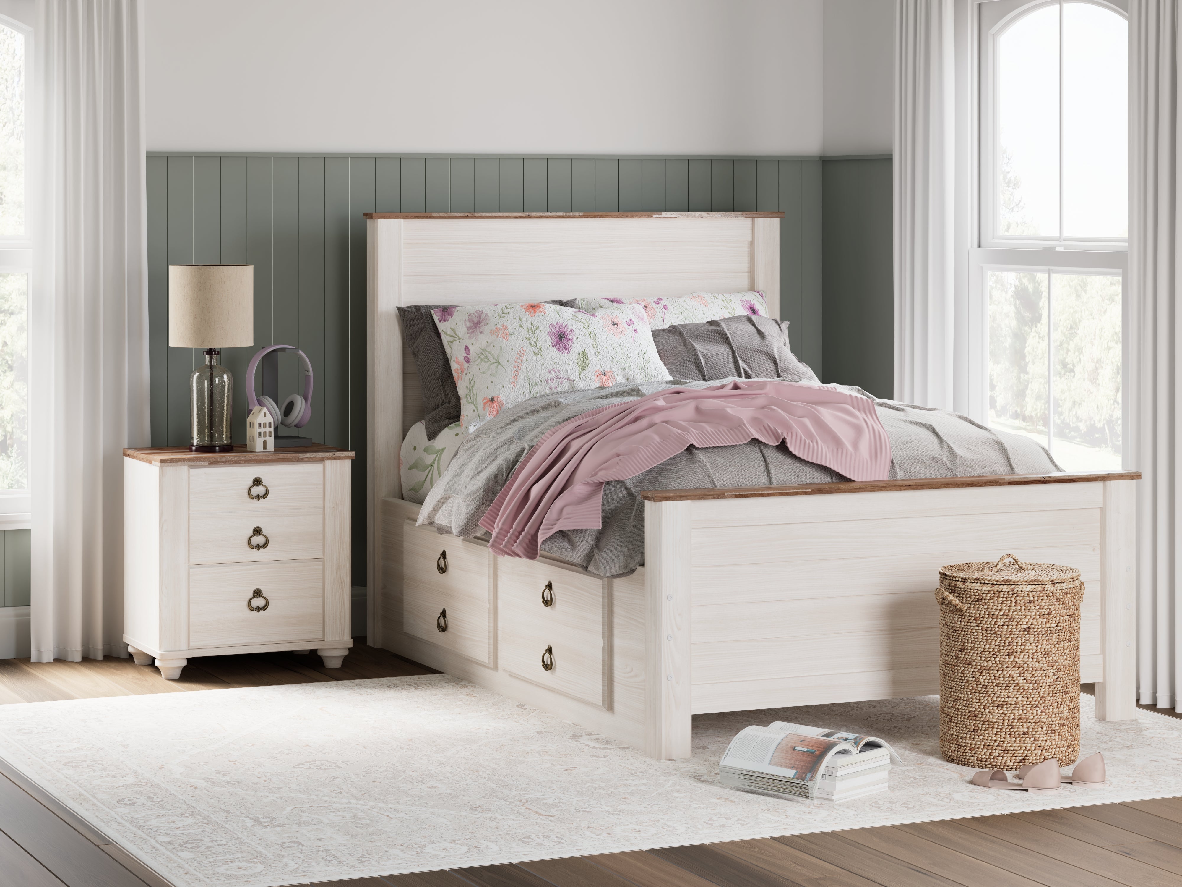 Tampa Furniture Outlet Lutz - Ashley Furniture - Willowton Bedroom - Full Panel Bed with 2 Storage Drawers / Whitewash - B267B22