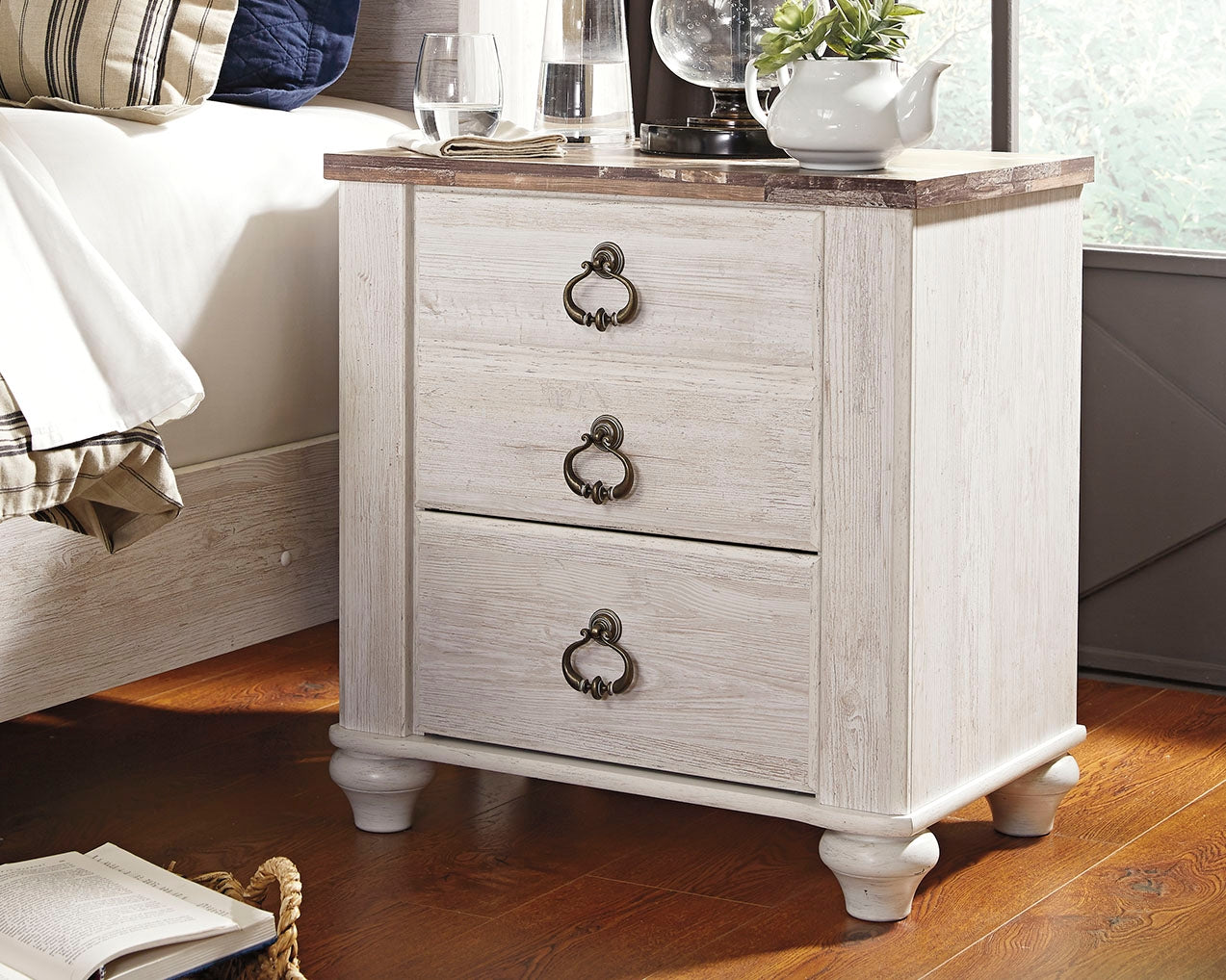 Tampa Furniture Outlet Lutz - Ashley Furniture - Willowton Bedroom - Two Drawer Night Stand / Whitewash - B267-92