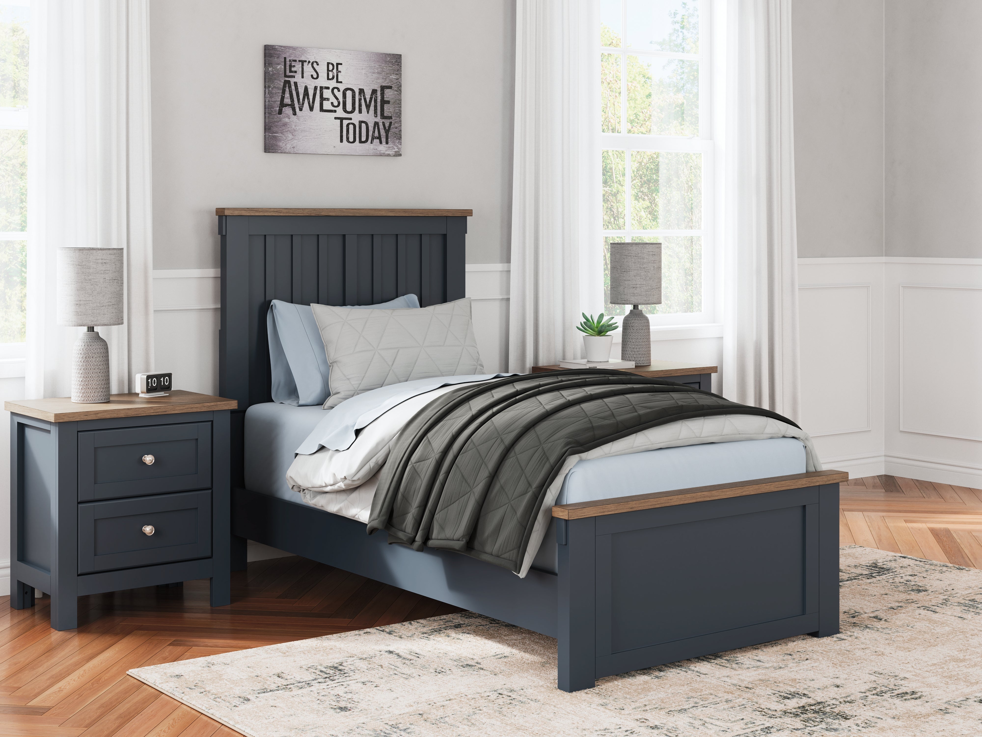 Tampa Furniture Outlet Lutz - Ashley Furniture - Landocken Bedroom - Twin Panel Bed / Brown/Blue - B414B2