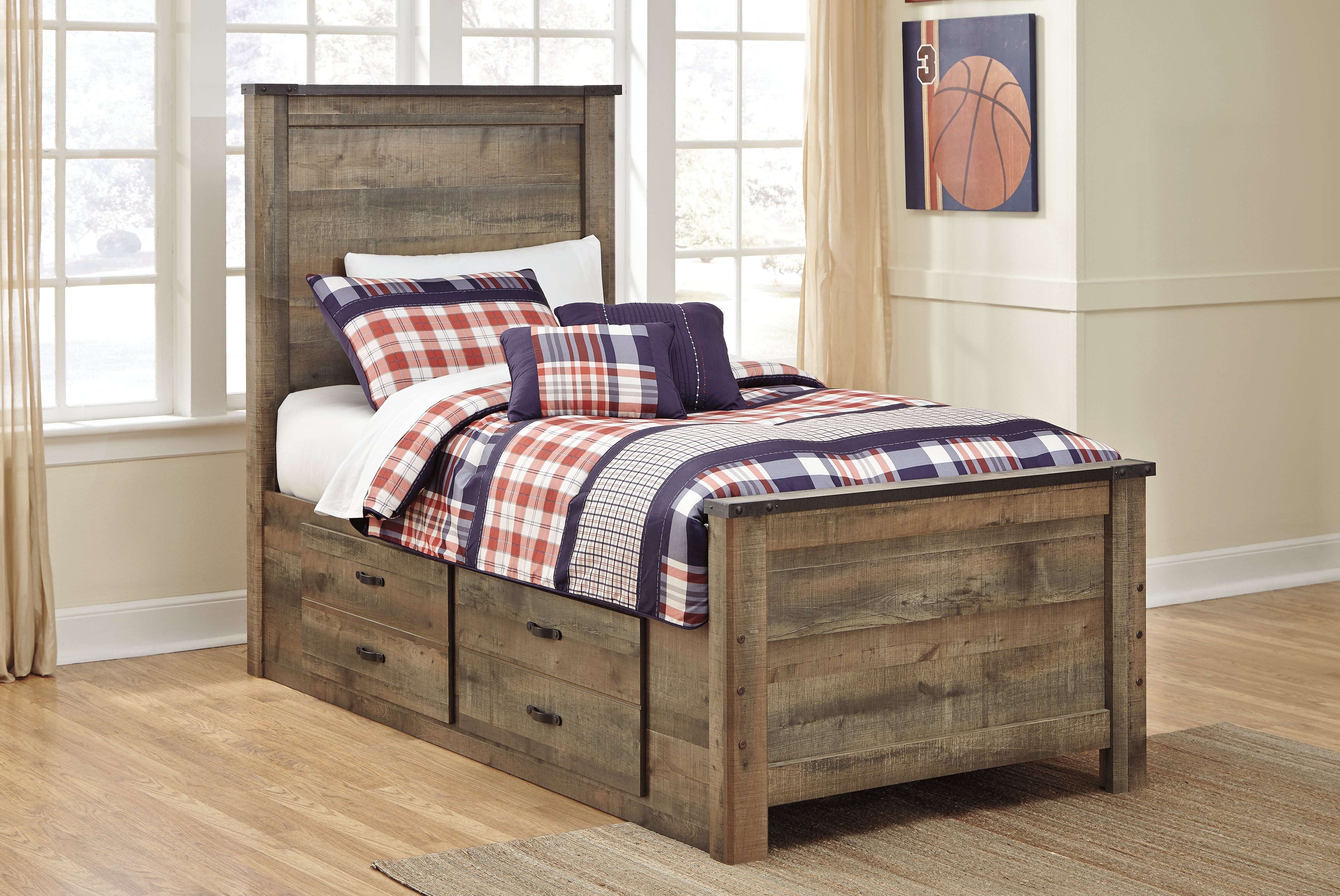 Tampa Furniture Outlet Lutz - Ashley Furniture - Trinell Bedroom - Twin Panel Bed with 2 Storage Drawers / Brown - B446B15