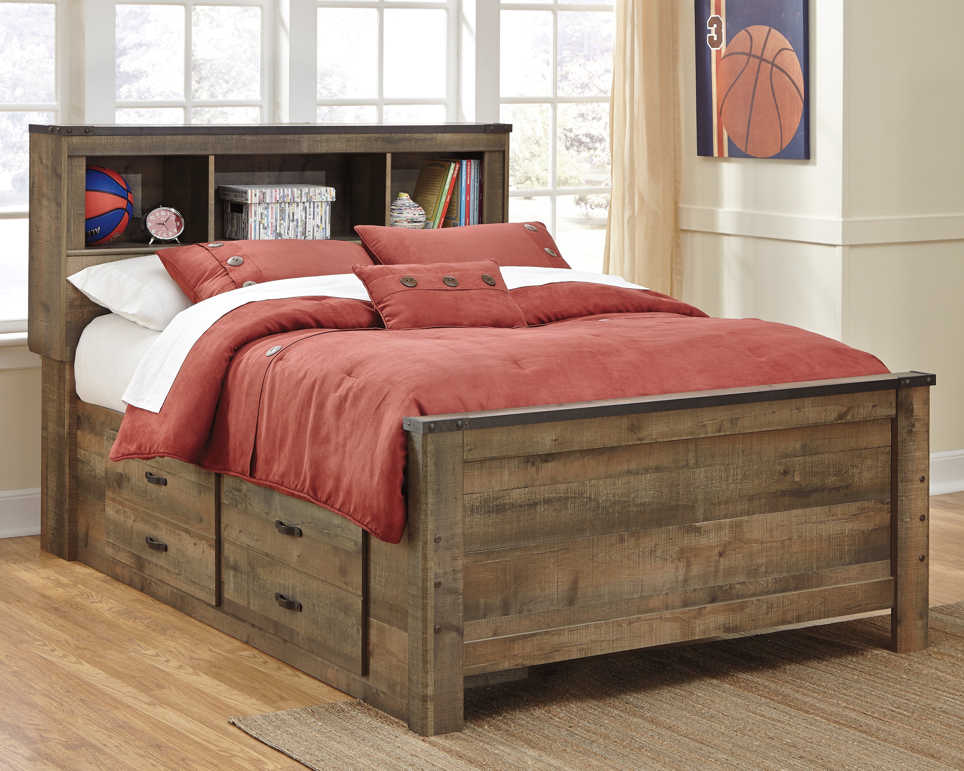 Tampa Furniture Outlet Lutz - Ashley Furniture - Trinell Bedroom - Full Bookcase Bed with 2 Sided Storage / Brown - B446B79