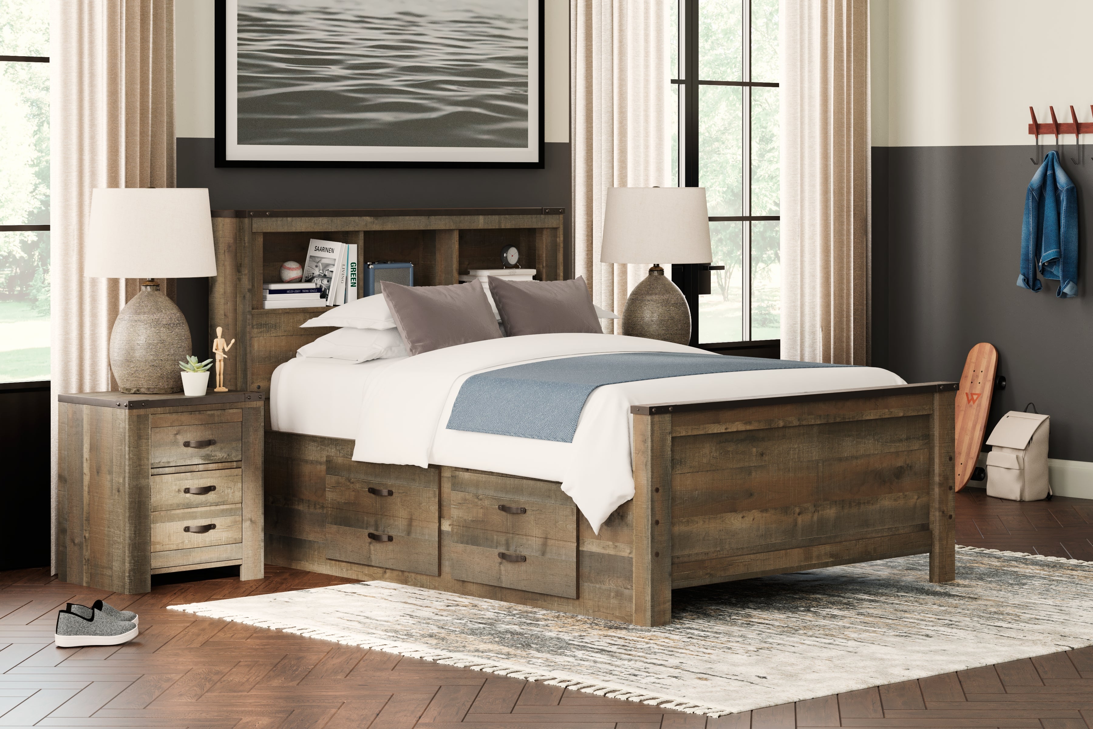 Tampa Furniture Outlet Lutz - Ashley Furniture - Trinell Bedroom - Full Bookcase Bed with 2 Storage Drawers / Brown - B446B16