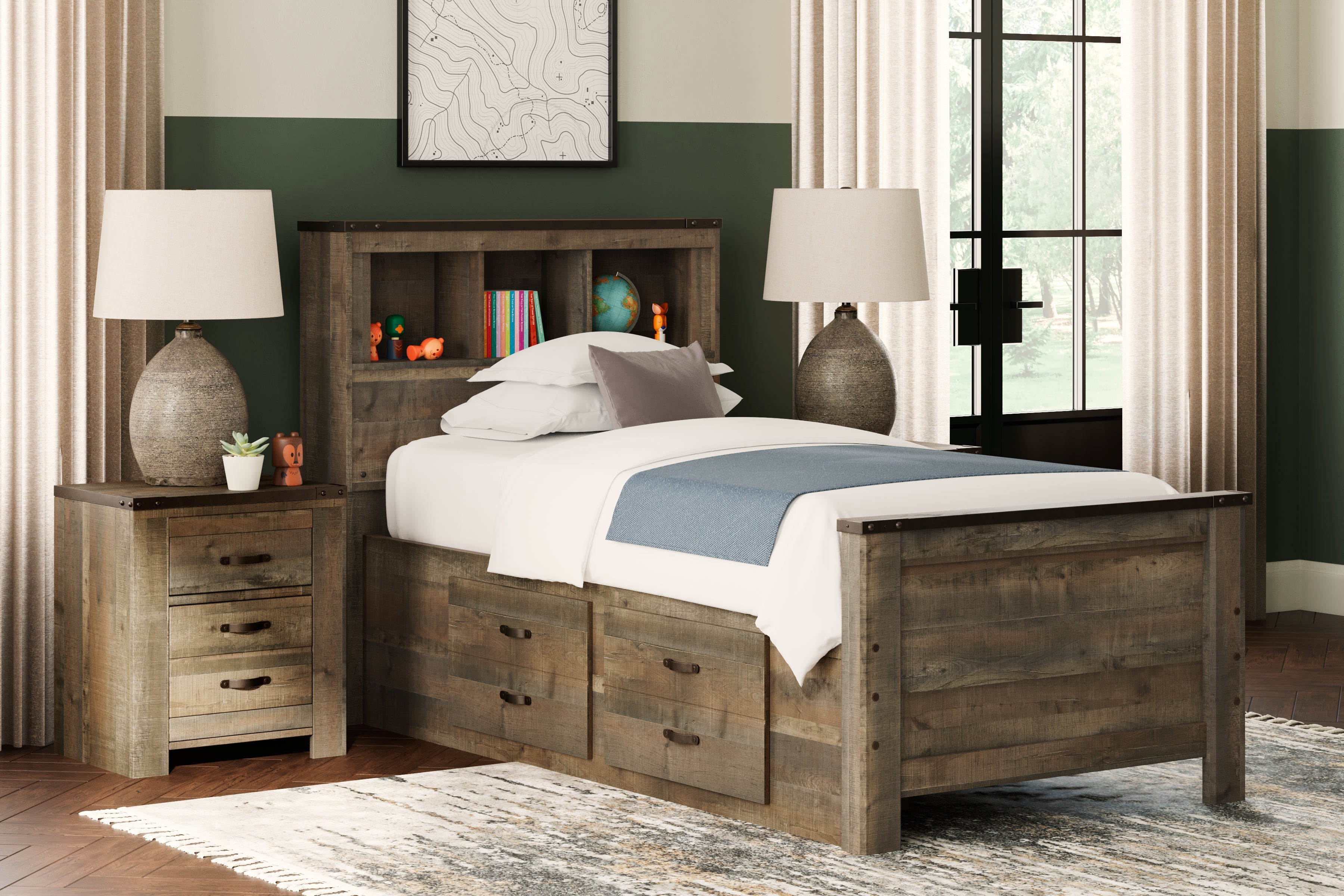 Tampa Furniture Outlet Lutz - Ashley Furniture - Trinell Bedroom - Twin Bookcase Bed with 2 Storage Drawers / Brown - B446B17