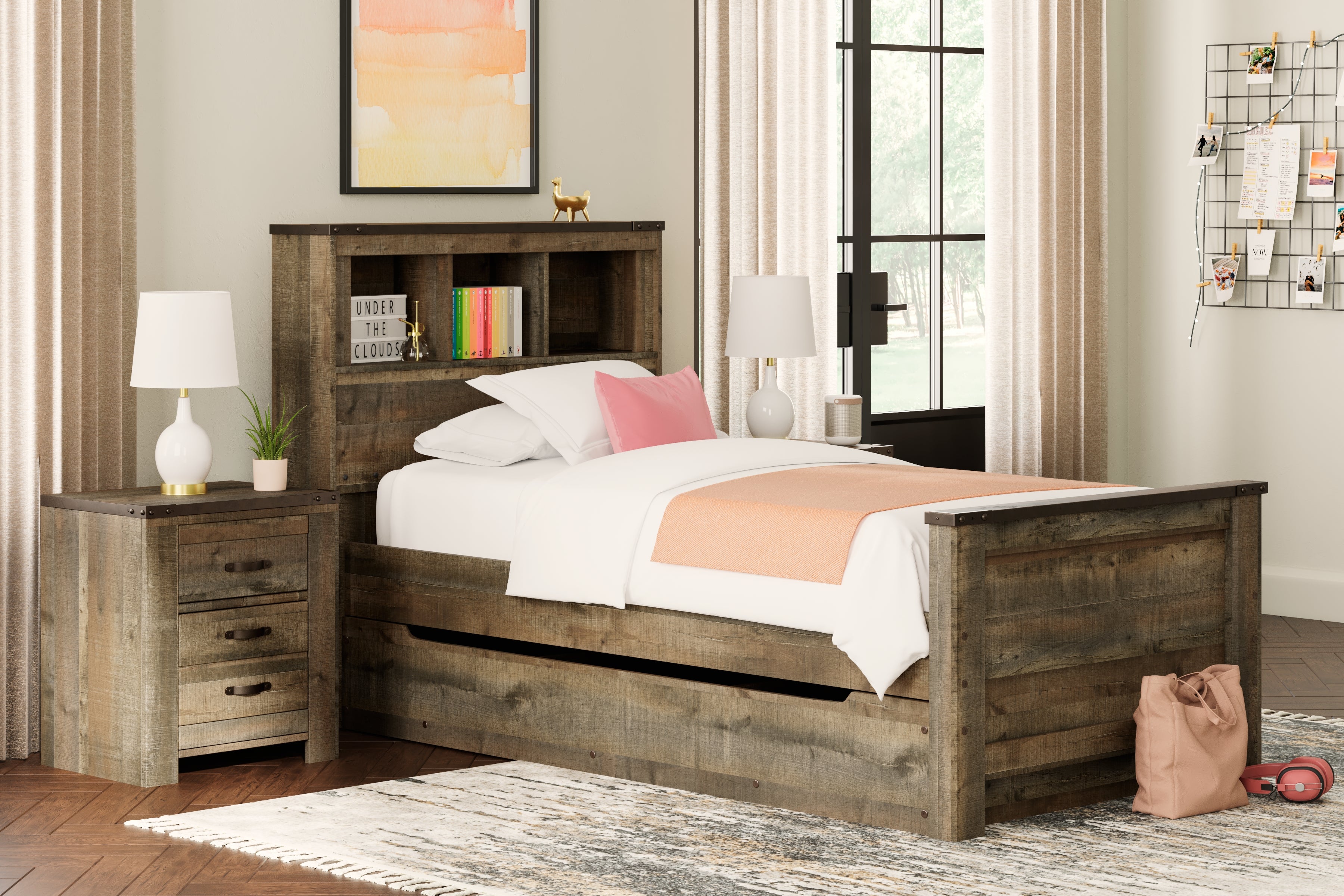 Tampa Furniture Outlet Lutz - Ashley Furniture - Trinell Bedroom - Twin Bookcase Bed with 1 Large Storage Drawer / Brown - B446B22