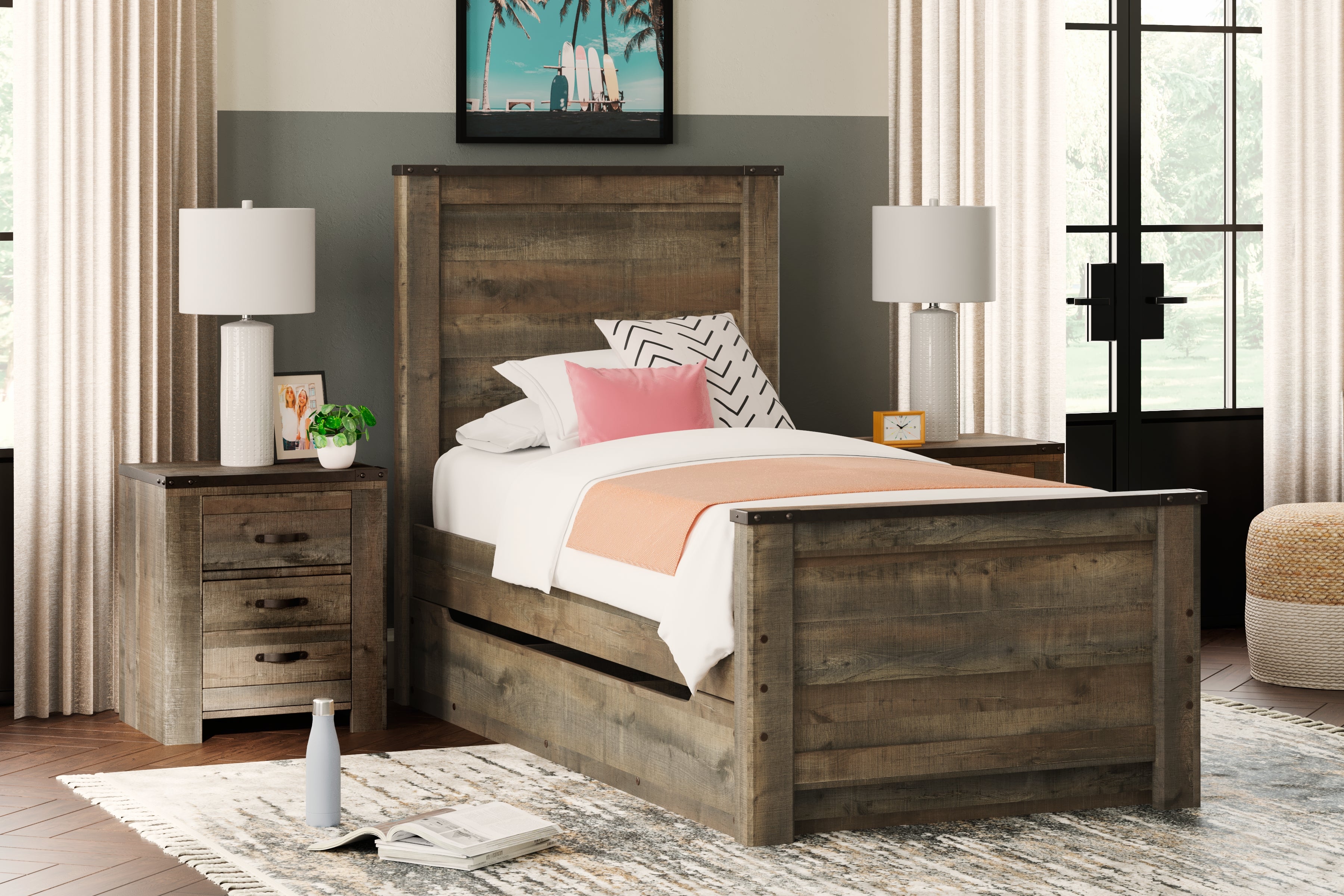 Tampa Furniture Outlet Lutz - Ashley Furniture - Trinell Bedroom - Twin Panel Bed with 1 Large Storage Drawer / Brown - B446B8