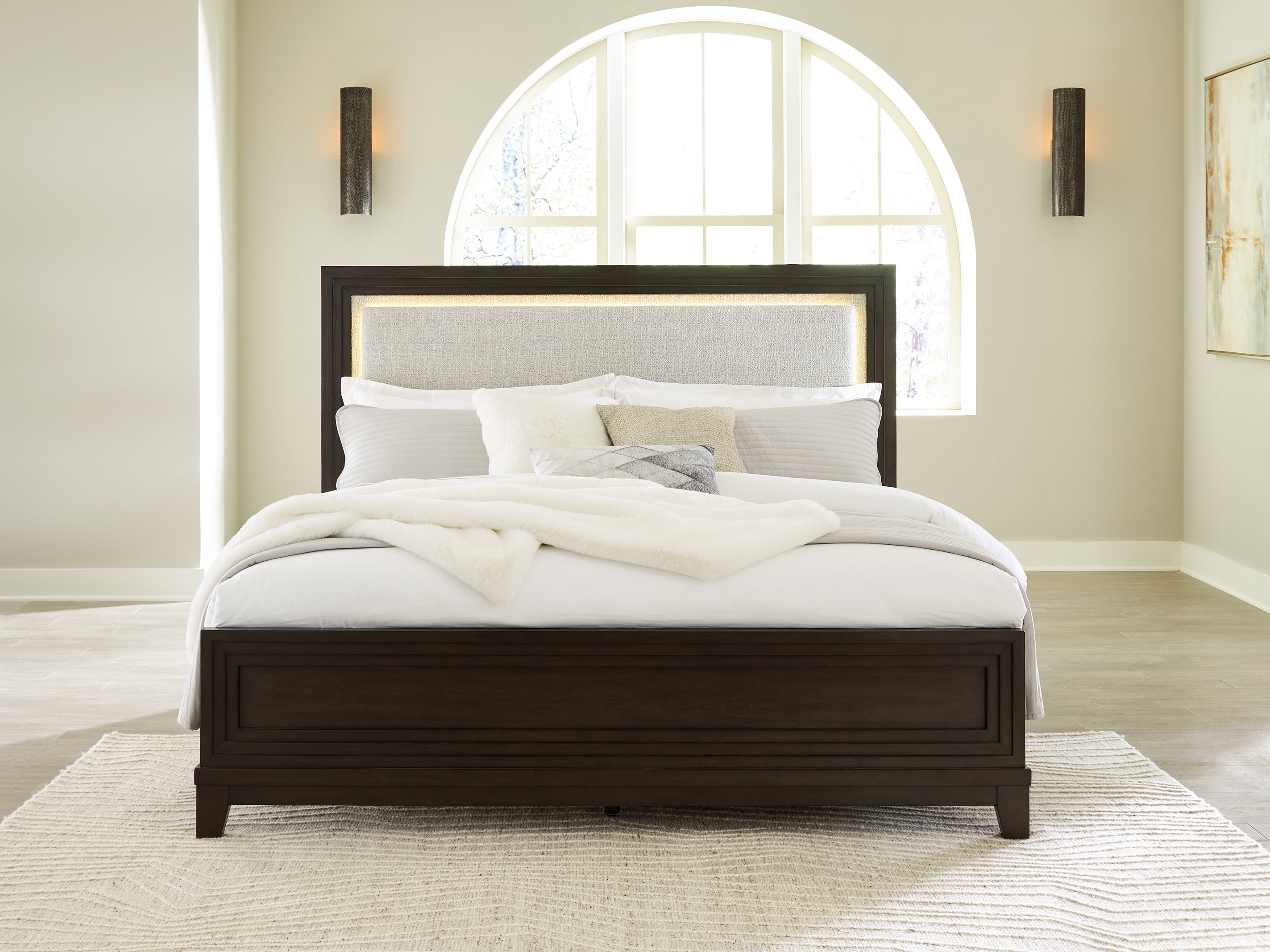Tampa Furniture Outlet Lutz - Ashley Furniture - Neymorton Bedroom - King Upholstered Panel Bed / Dark Grayish Brown - B618B4