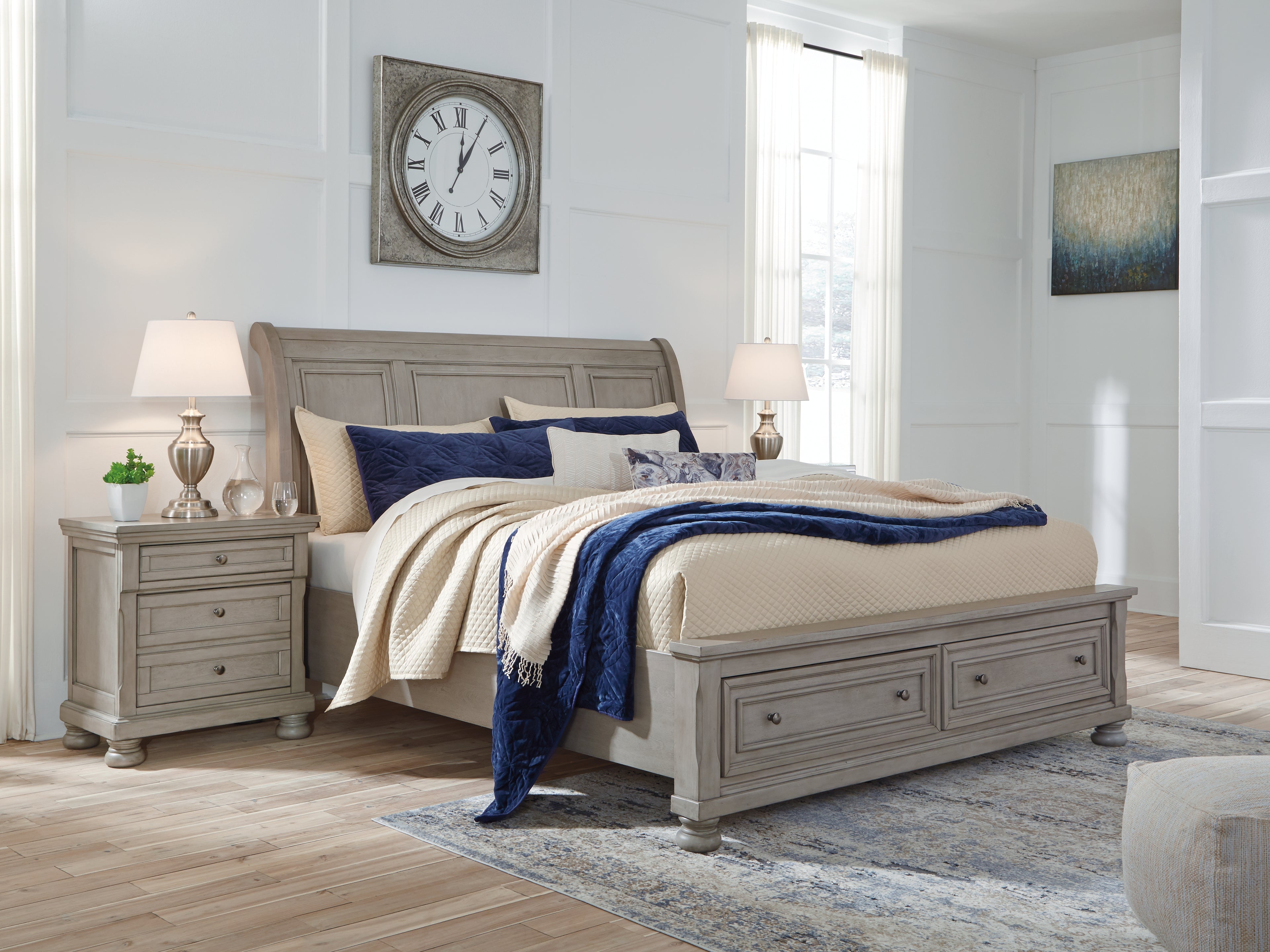Tampa Furniture Outlet Lutz - Ashley Furniture - Lettner Bedroom - California King Sleigh Bed with 2 Storage Drawers / Light Gray - B733B9