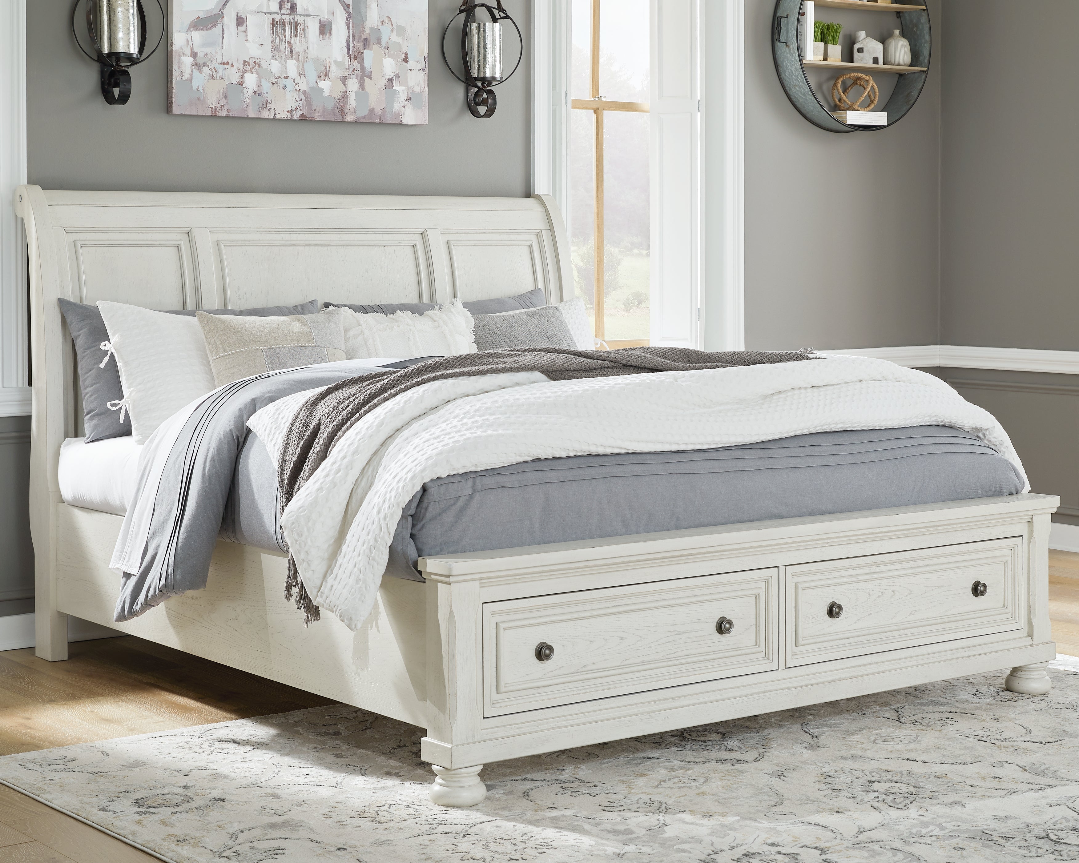 Tampa Furniture Outlet Lutz - Ashley Furniture - Robbinsdale Bedroom - California King Sleigh Bed with Storage / Antique White - B742B9