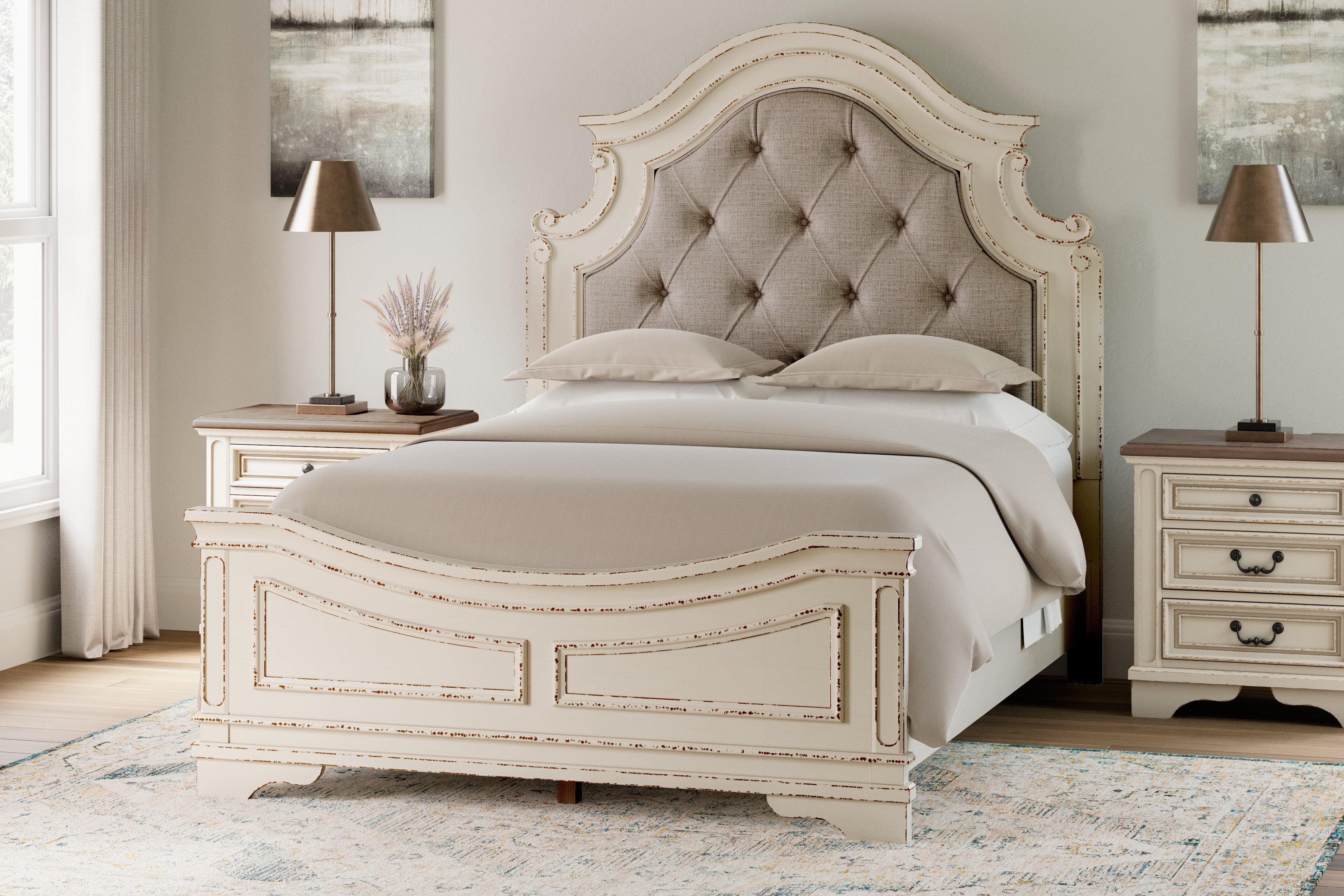 Tampa Furniture Outlet Lutz - Ashley Furniture - Realyn Bedroom - Queen Upholstered Panel Bed / Chipped White - B743B2