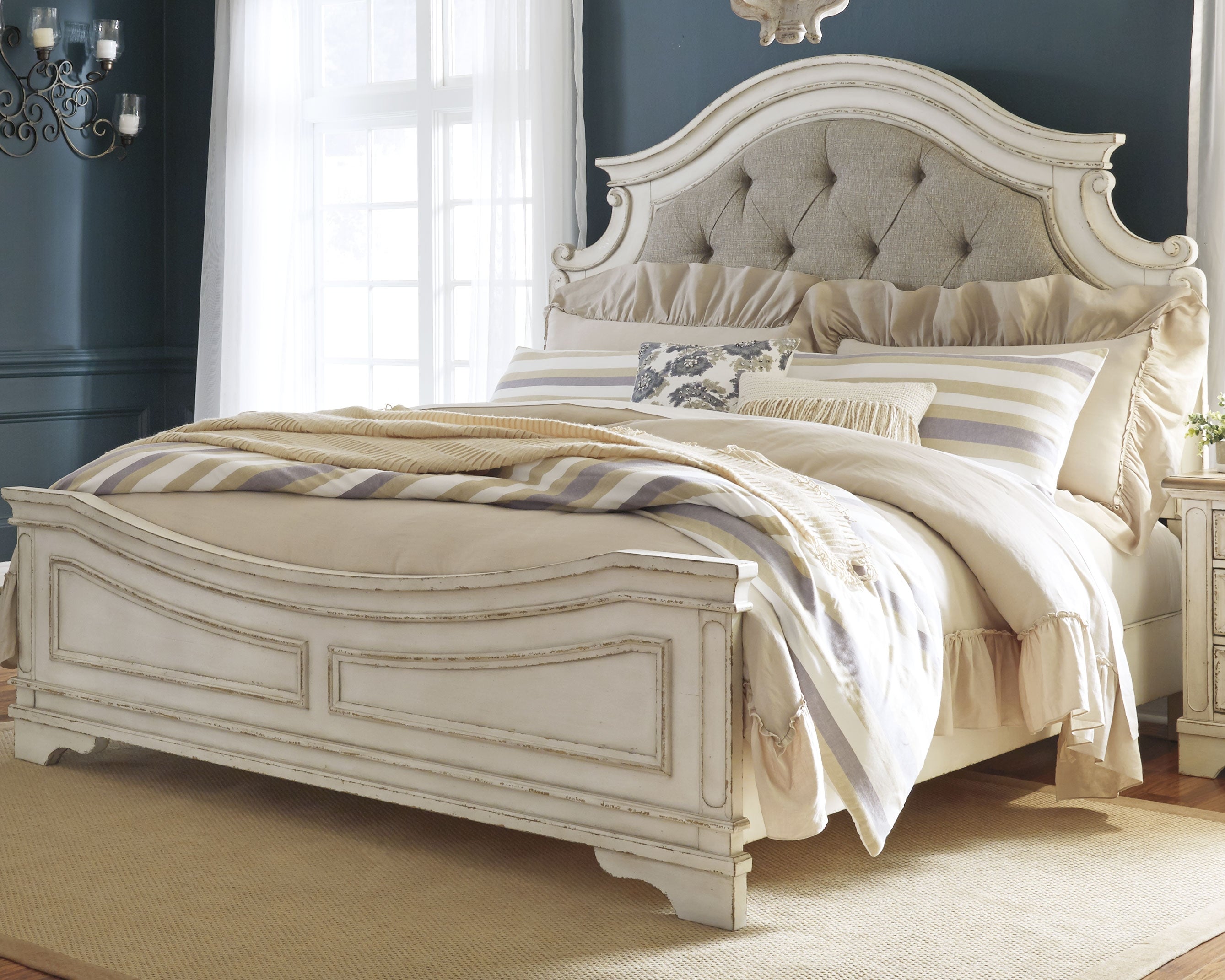 Tampa Furniture Outlet Lutz - Ashley Furniture - Realyn Bedroom - King Upholstered Panel Bed / Chipped White - B743B6